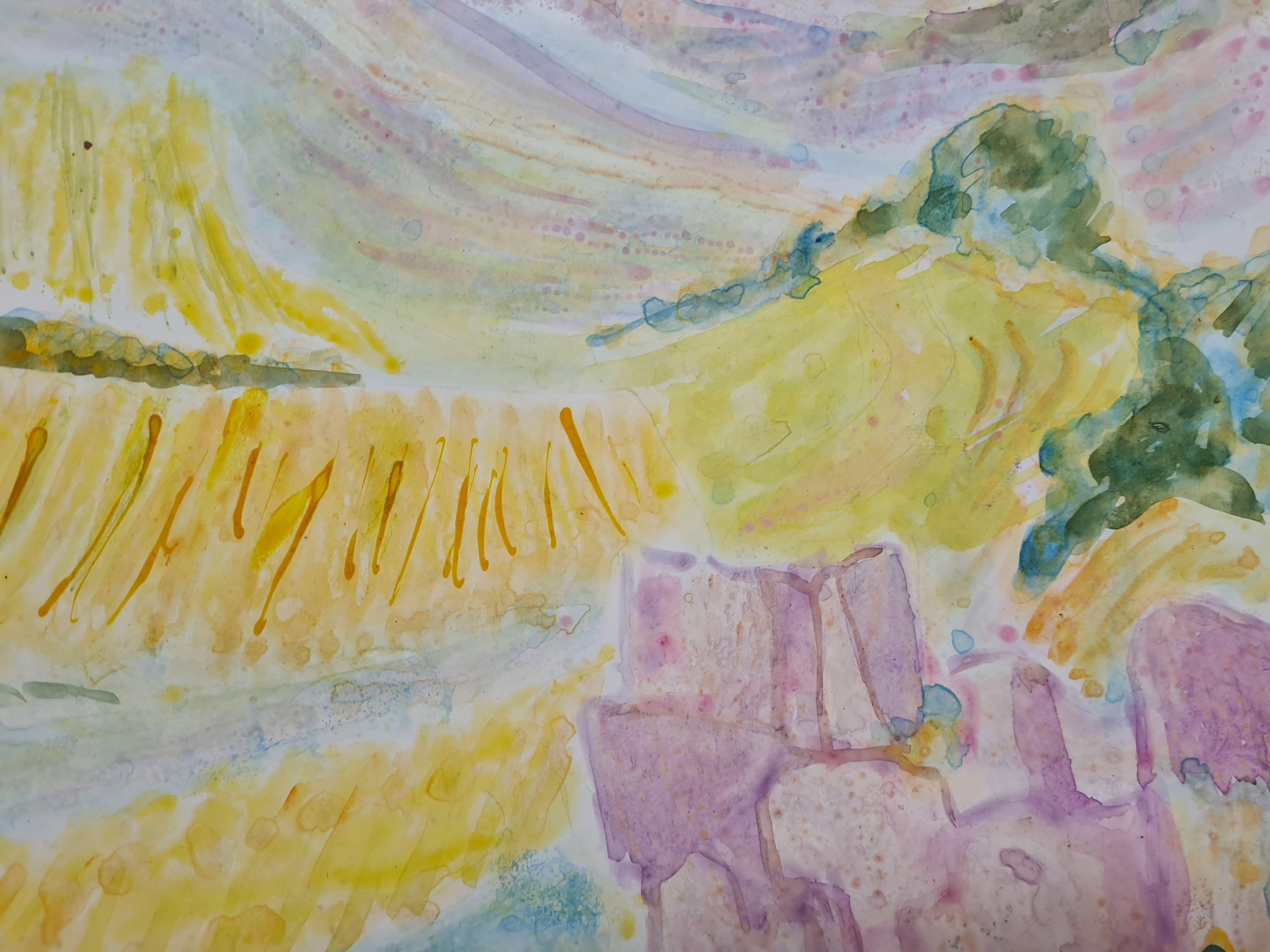 Un paisaje impresionista francés fauvista de acuarela de color sobre papel de arcilla de G Ricard. El cuadro está firmado abajo a la izquierda y pintado en el reverso de un cartel de una exposición de Dequel en St Paul de Vence en 1974 (ver