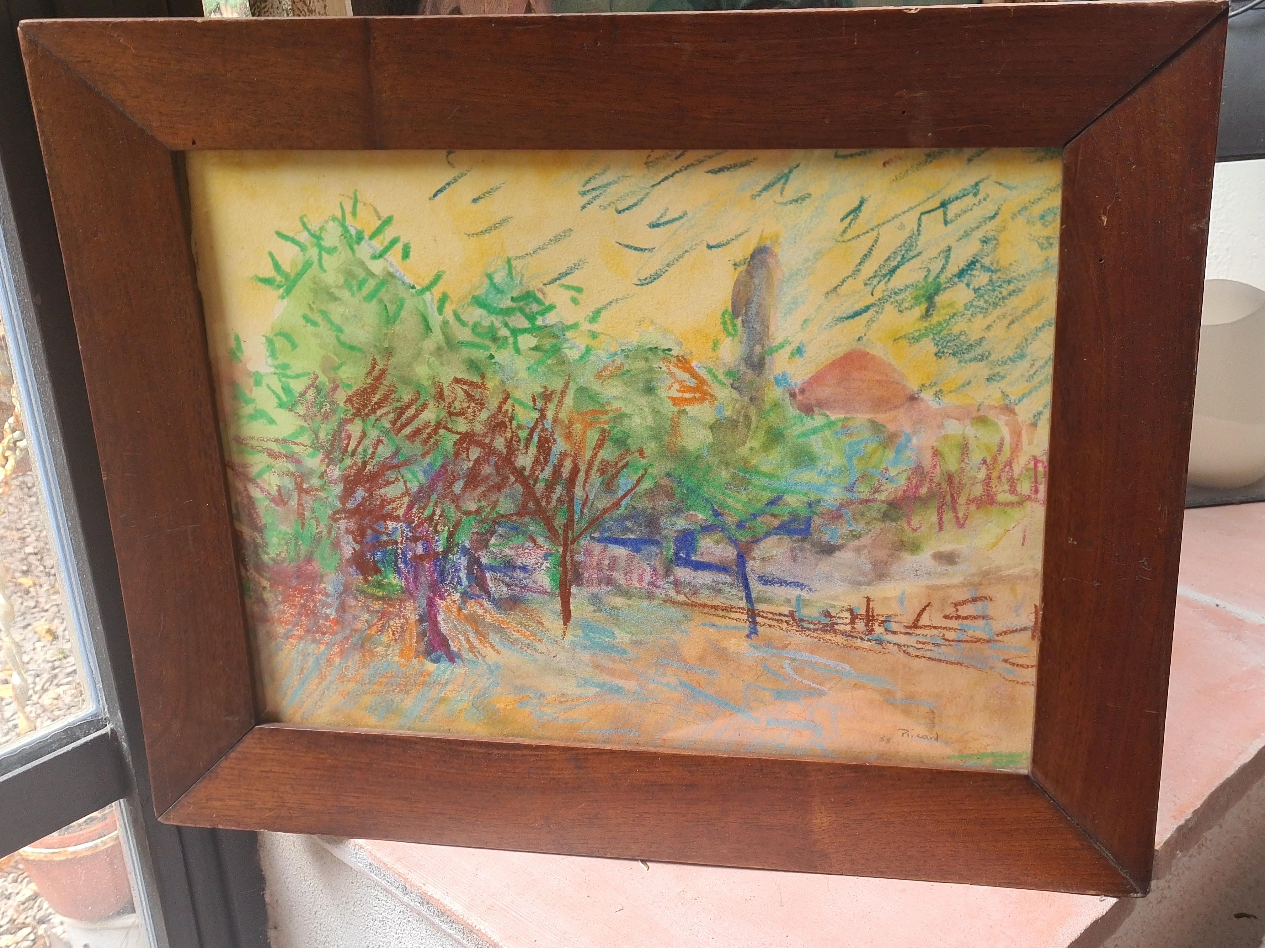 Un paisaje impresionista francés fauvista de acuarela y pastel sobre papel de G Ricard. El cuadro está firmado y fechado abajo a la derecha. Presentado en un fino marco de madera de época bajo cristal.

Un paisaje encantador, característico y