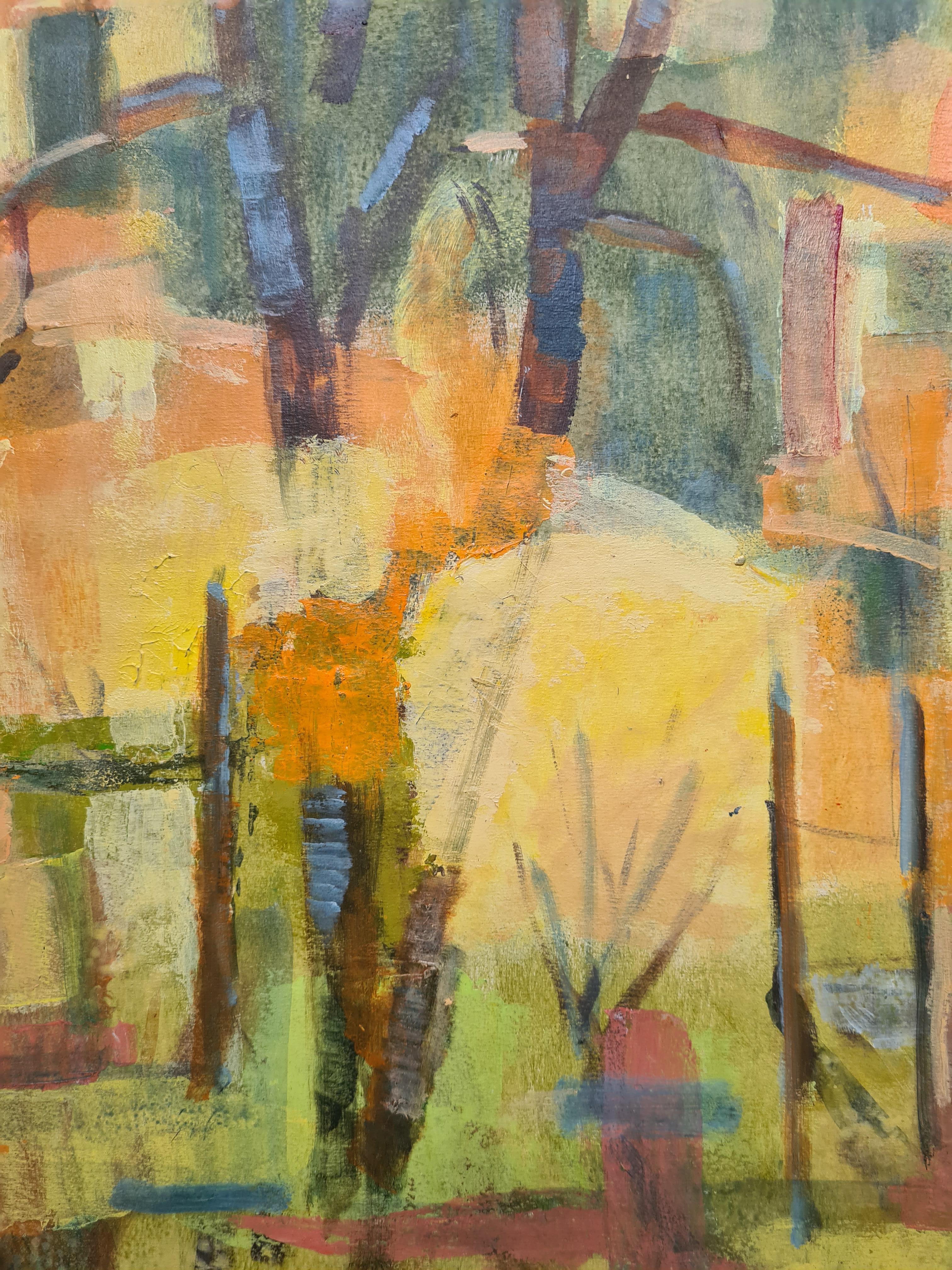 Paysage cubiste français moderne. - Marron Landscape Art par G Ricard