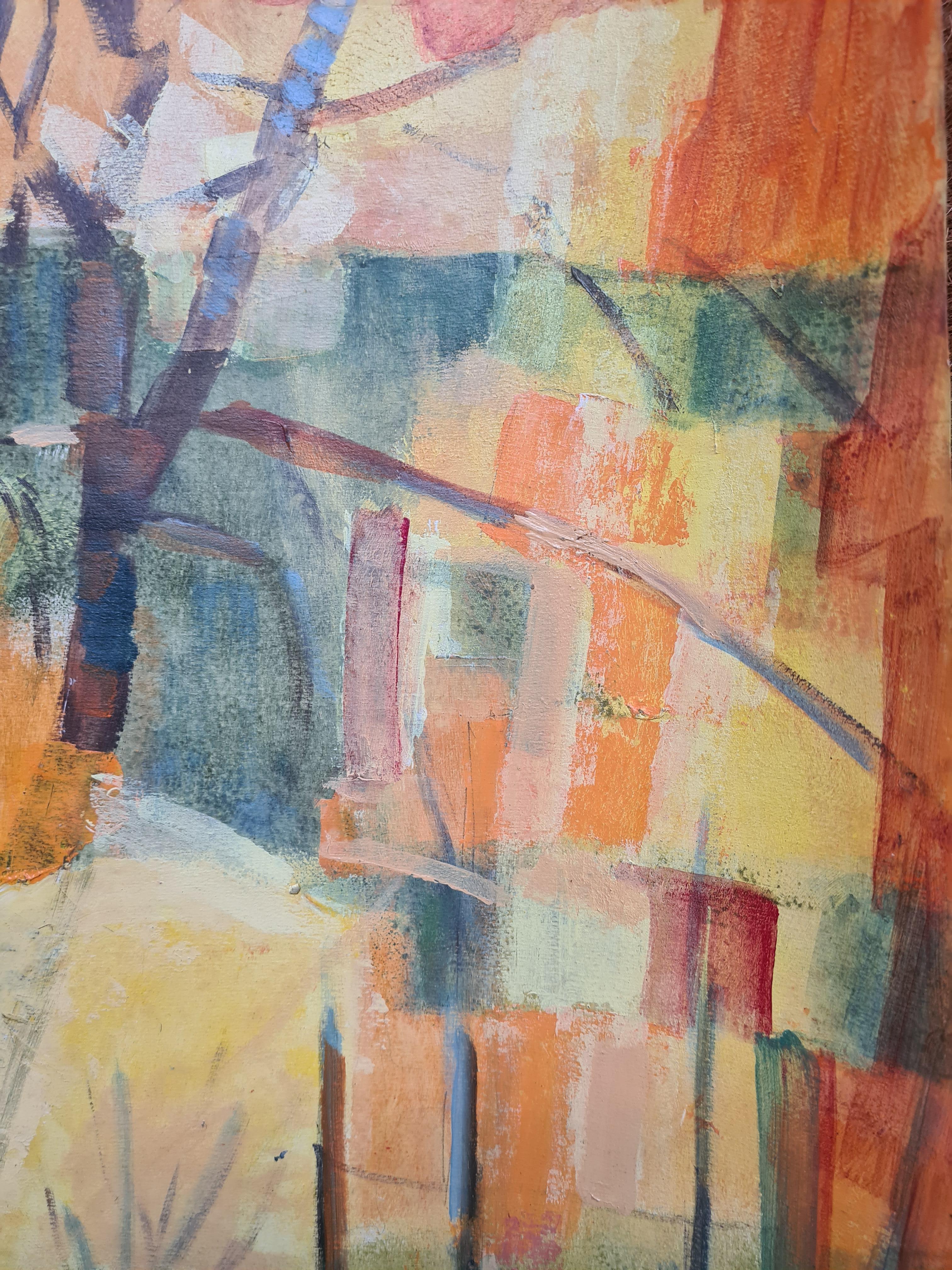 Paysage cubiste français à la gouache sur papier de G Ricard. Le tableau porte le cachet de l'atelier de Georges Ricard Cordingley. Une autre peinture représentant un paysage d'automne se trouve au dos du papier, voir la photo.

Une peinture forte