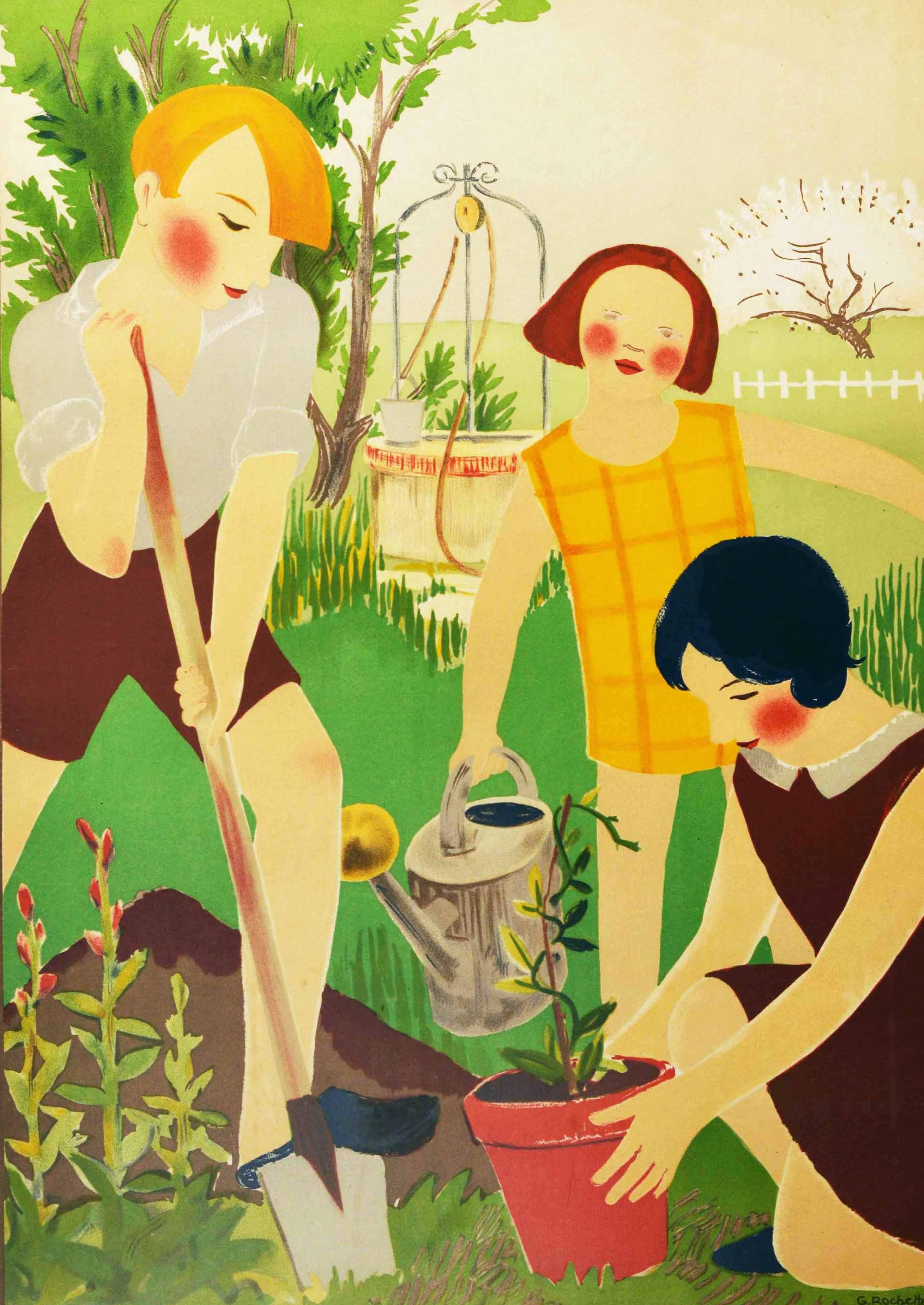 Affiche rétro originale, Écoliers en train de jardiner, Concours de l'Art À l'École - Beige Print par G Rochette