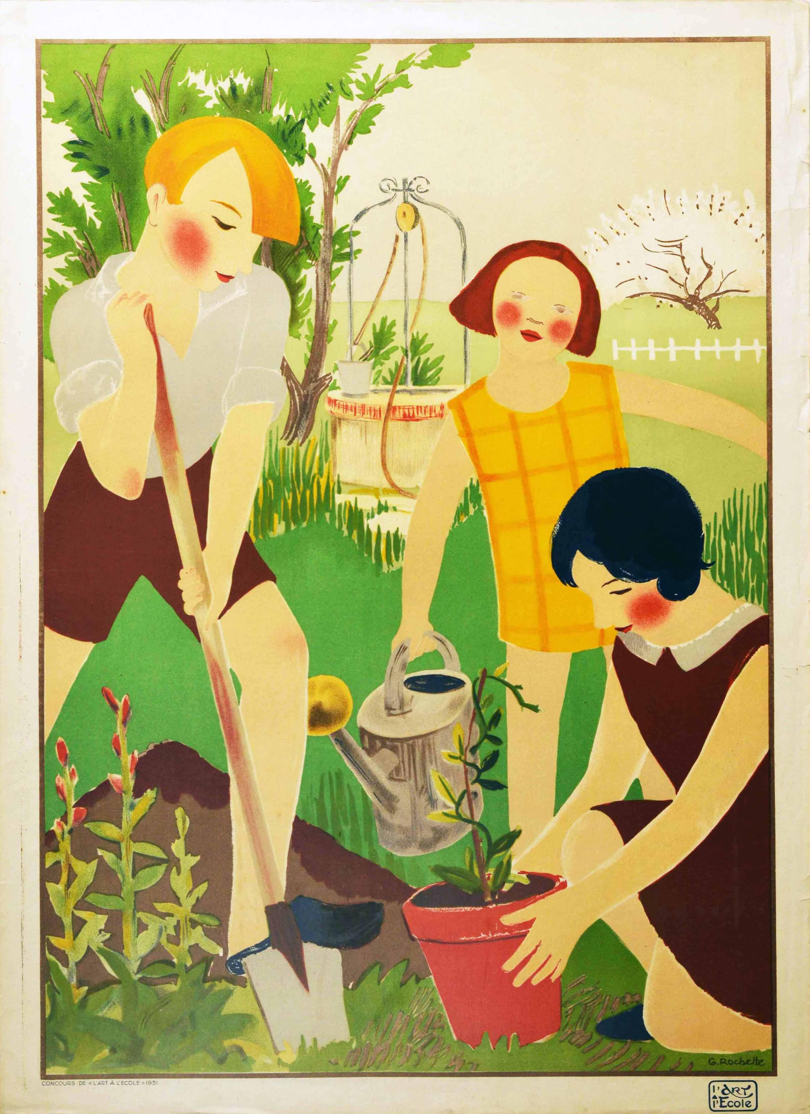 Print G Rochette - Affiche rétro originale, Écoliers en train de jardiner, Concours de l'Art À l'École