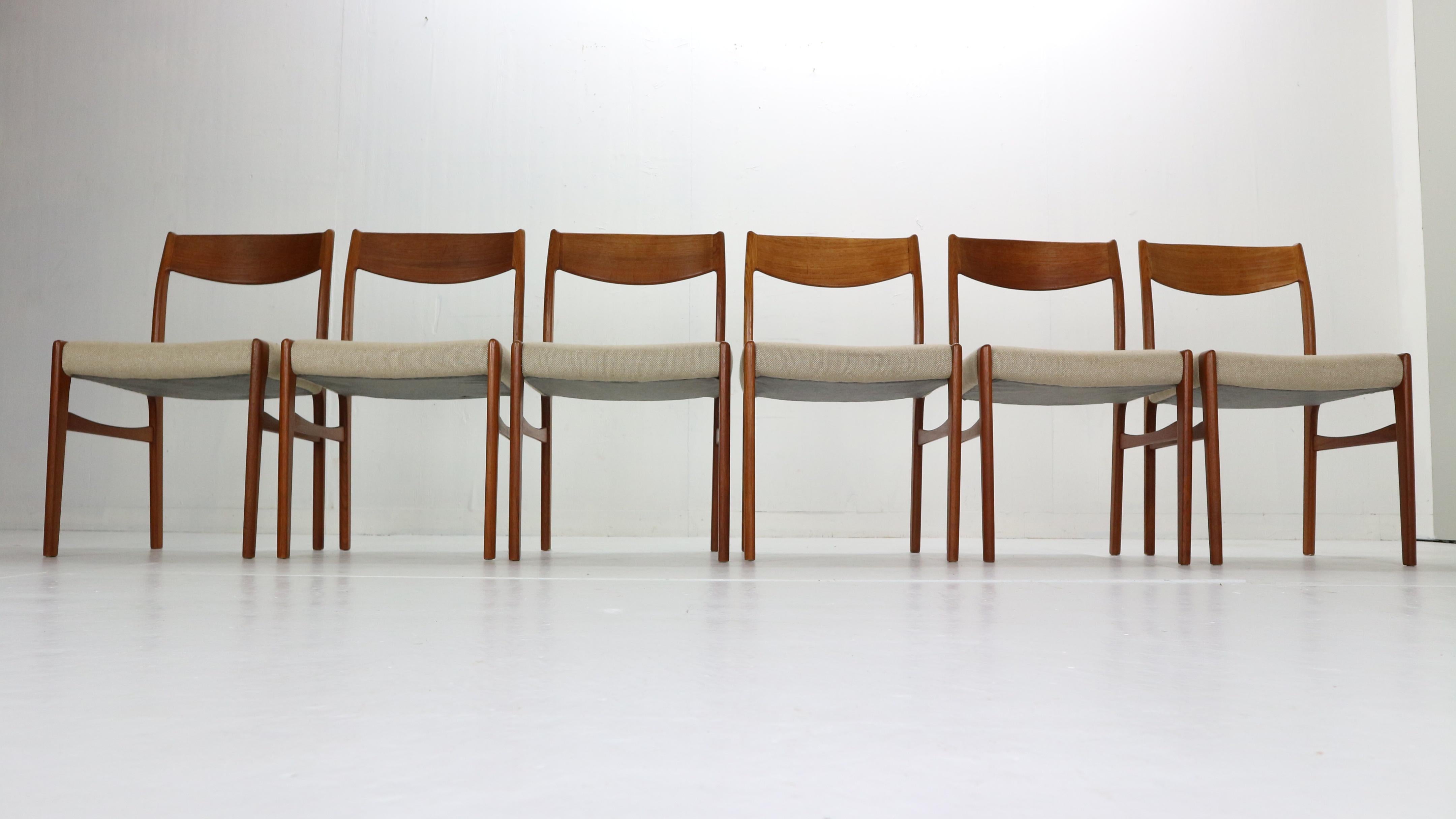 Scandinavian Modern G. S. Glyngore Stolefabrik Set of 6 Teak Dinning Room Chairs, 1960s Denmark