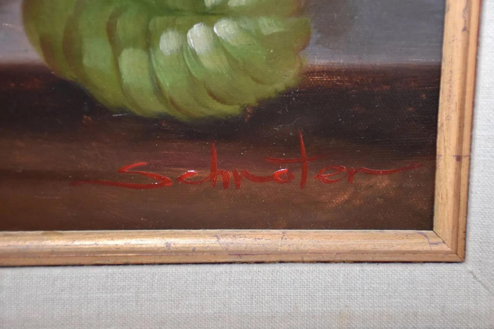 Nature morte au colibri 
20e siècle Nature morte, fruits et fleurs, huile sur toile, signée Schroter, 30