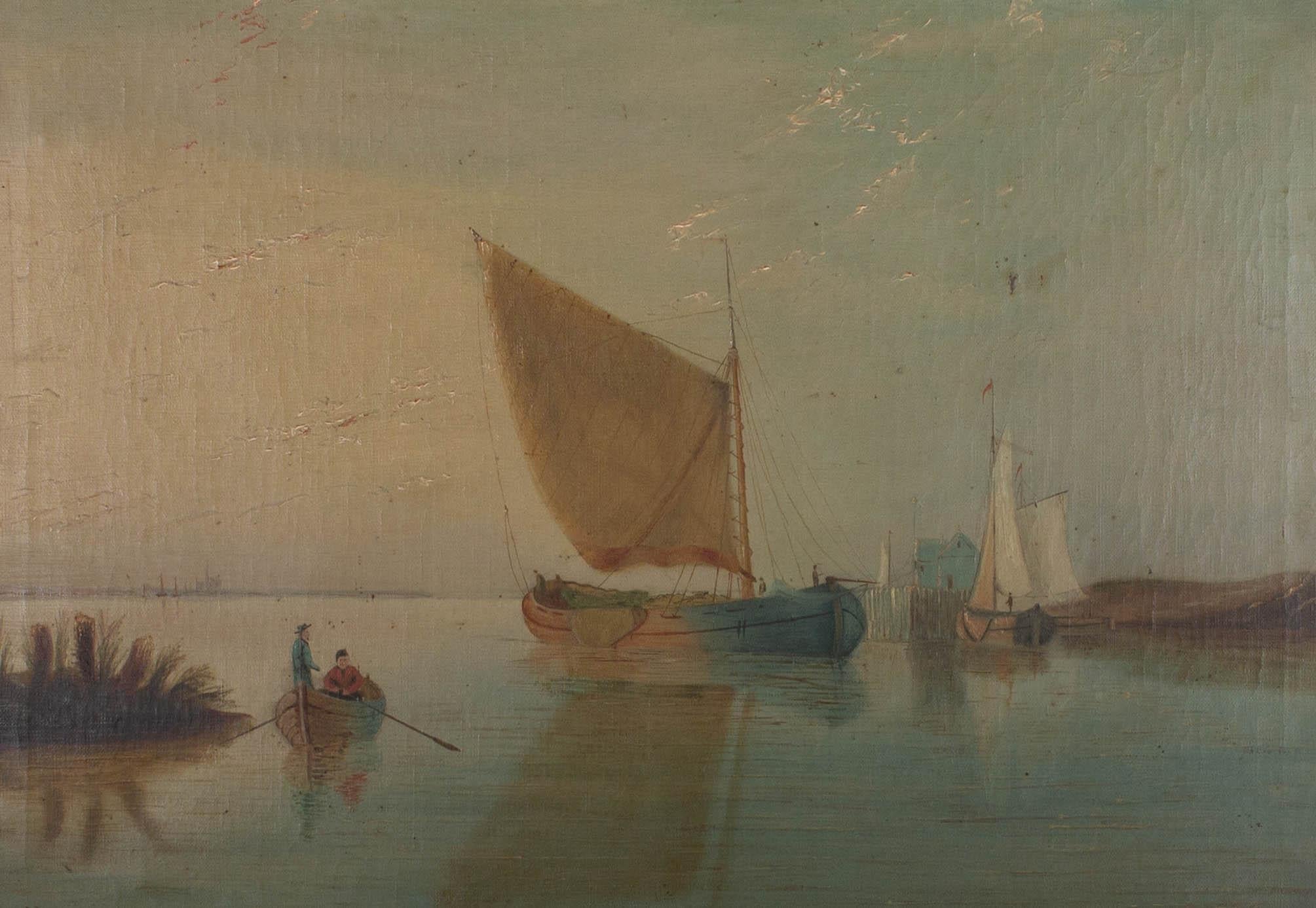 A fine nautical oil of a gaff rigged sloop, moored in an estuary. Two figures man a rowing boat at the lower left and the artist has signed and dated to the lower left corner. The painting has been finely presented in an early 20th Century gilt