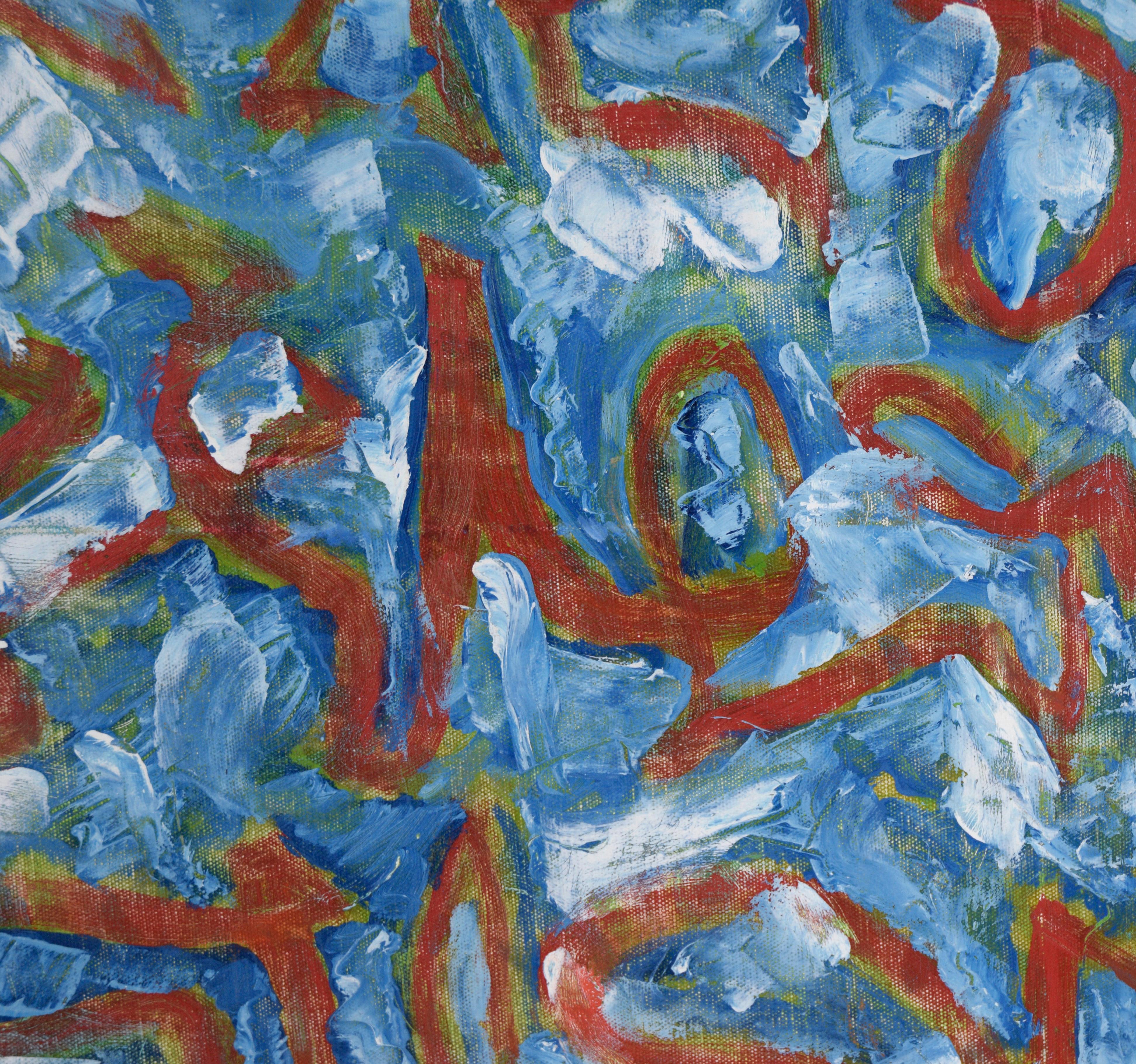 Abstrakte Komposition „Well Worn Secret“ aus Acryl auf Leinwand

Abstrakte Komposition von G. Spratt (Amerikaner, 20. Jahrhundert). Der Hintergrund dieses Stücks ist hauptsächlich blau und weiß, wobei etwas Grün durchscheint. Darüber liegende rote