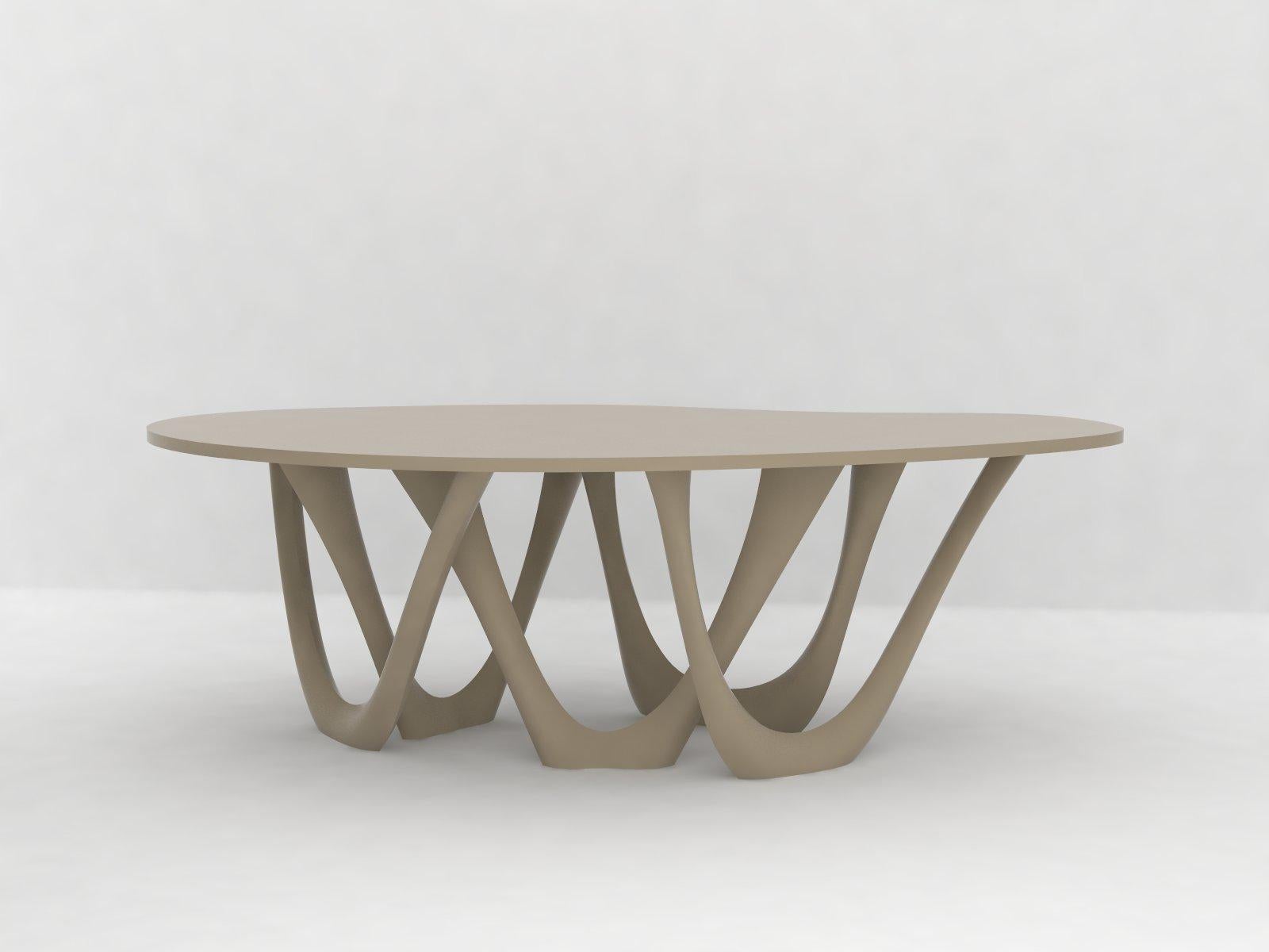 We use parametric design software to generate G-Table form. Modifying a few variables lets us create a miniature model as well as a huge pavilion. Delicate structure of table legs may become stocky and dominating. All those factors cause G-Table to