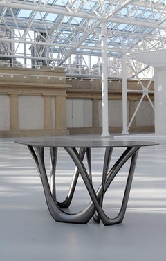 G-Table by Zieta, Brushed Inox Base and Concrete Top