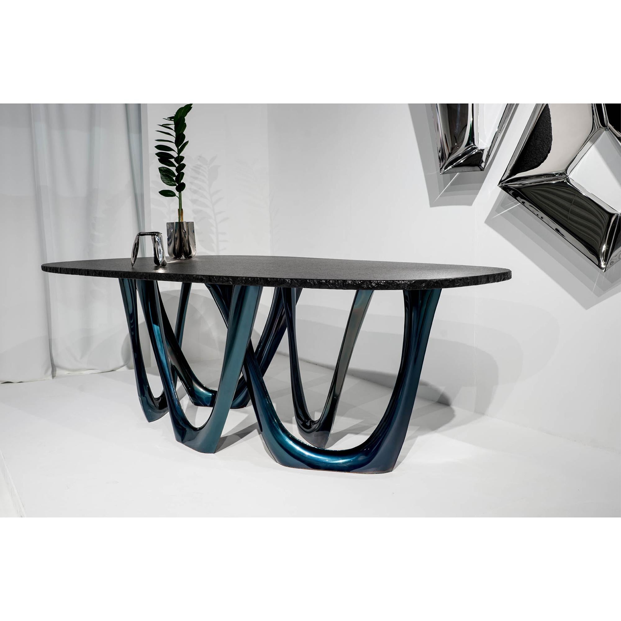 XXIe siècle et contemporain Table G-Table Cosmos en chêne ancien avec base en acier au carbone bleu cosmique de Zieta en vente