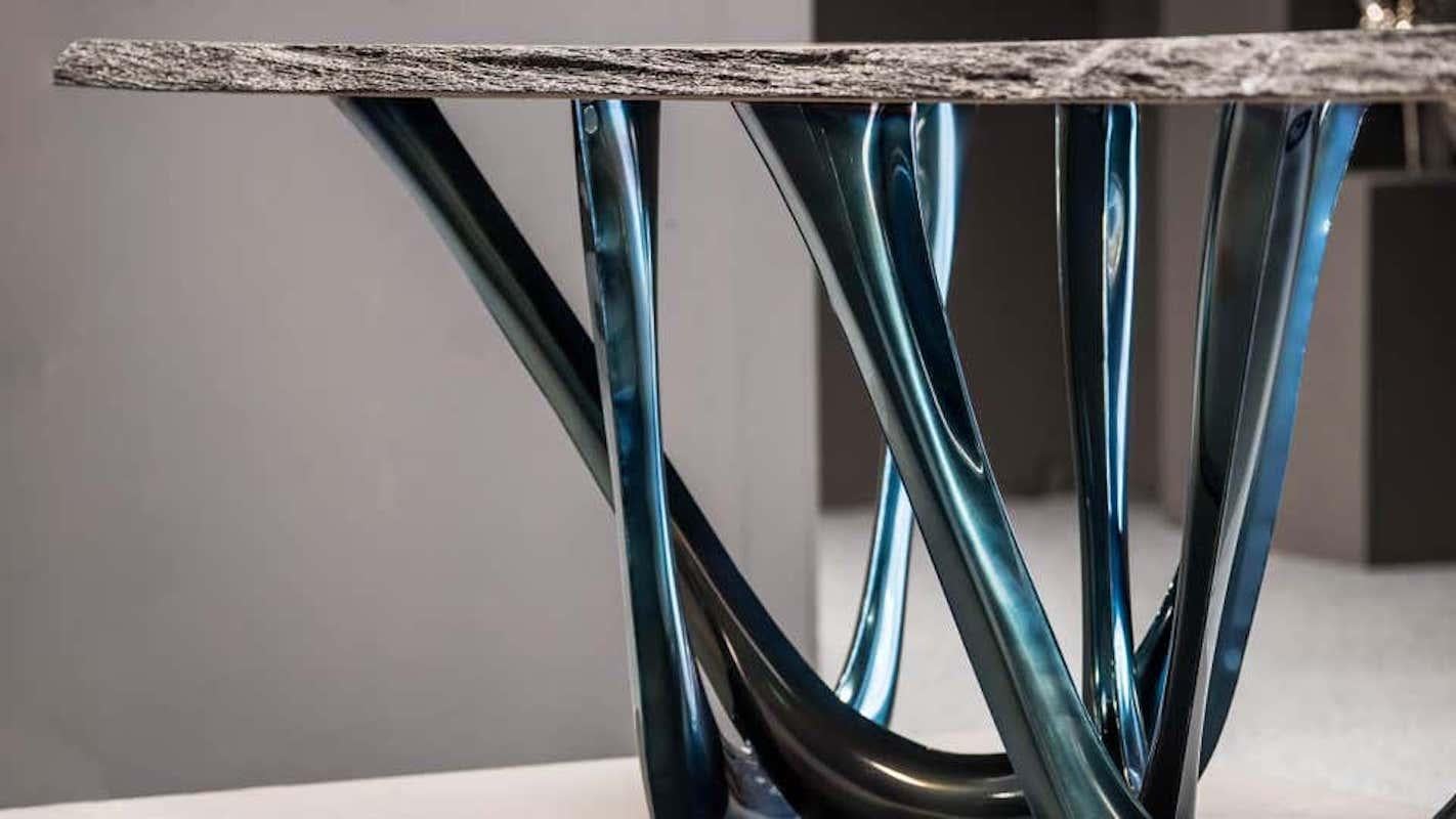 Table G-Table Cosmos en chêne ancien avec base en acier au carbone bleu cosmique de Zieta en vente 2