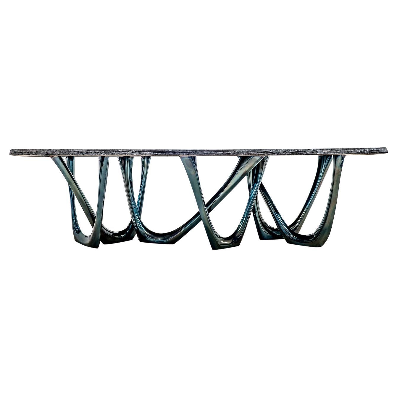 G-Table Cosmos Ancient Oak with Cosmic Blue Carbon Steel Base by Zieta