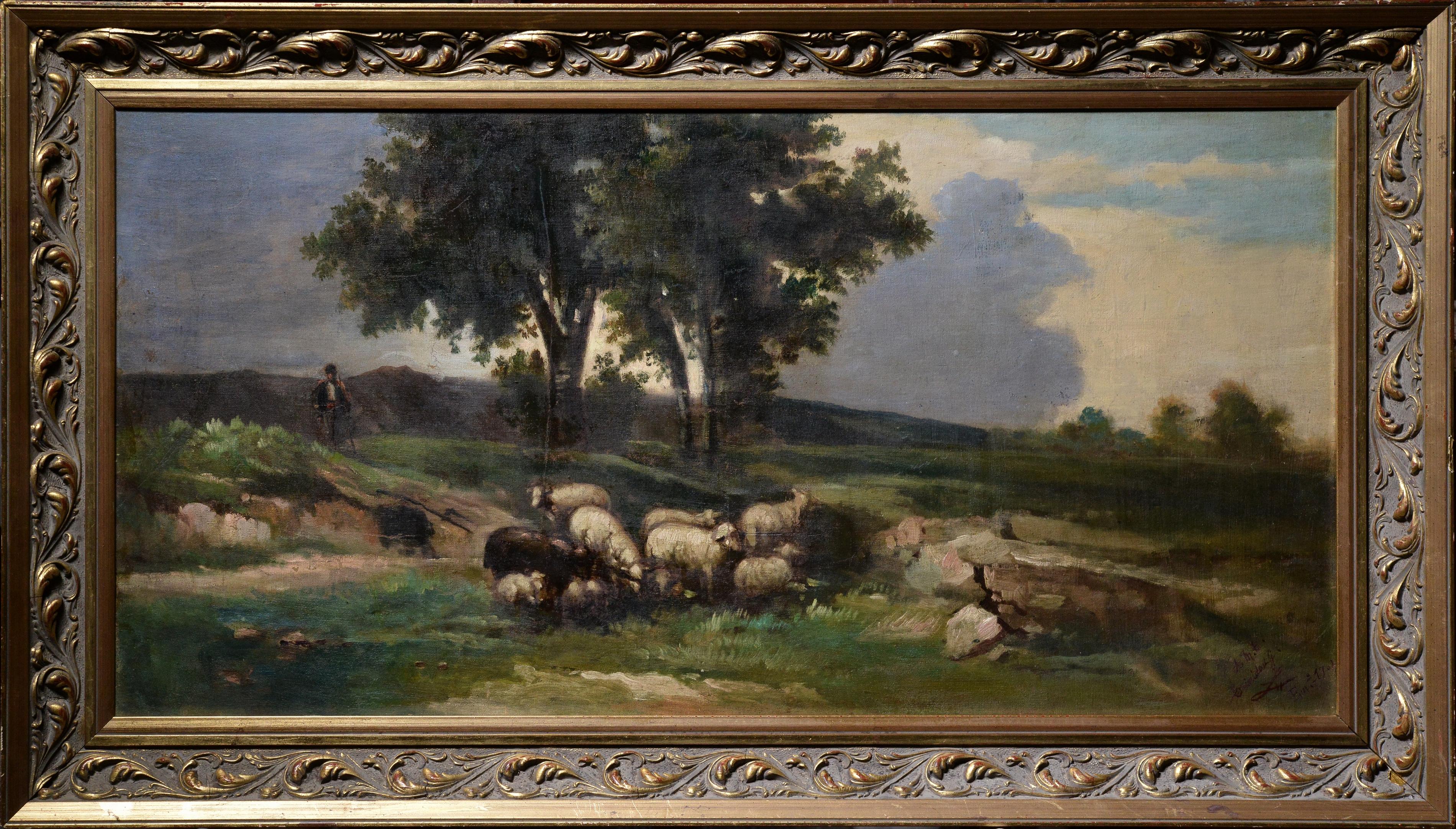 Pastoral landscape Shepherd and Sheep early 20th century Barbizon style