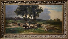 Pastoral landscape Shepherd and Sheep early 20th century Barbizon style