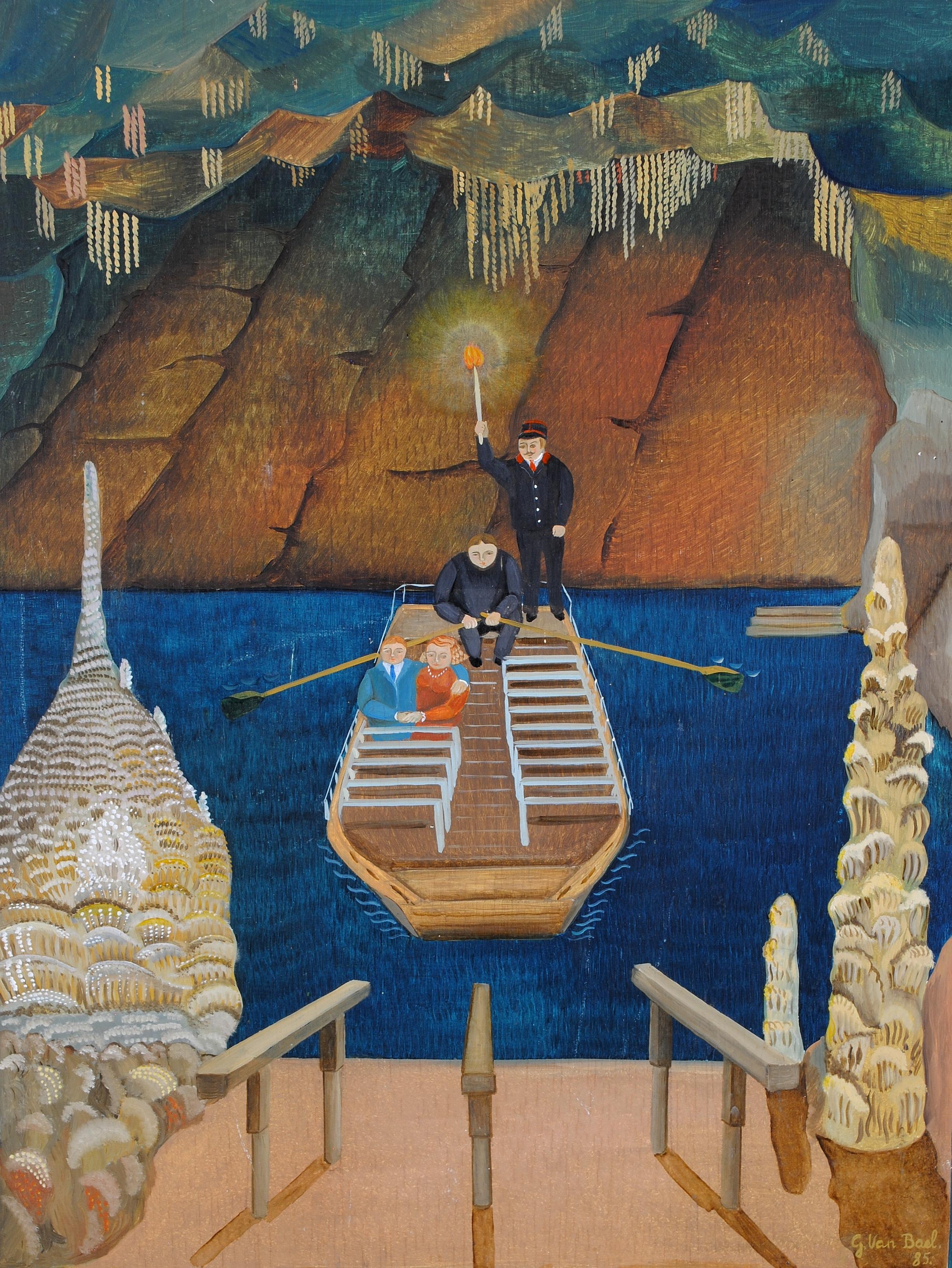 Les Grottes de Han - Belgischer Naïf Naive Öl auf Tafel Höhlenlandschaftsgemälde – Painting von G. van Bael
