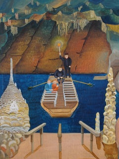 Les Grottes de Han - Belgian Naïf Naive Oil on Panel Cave Landscape Painting