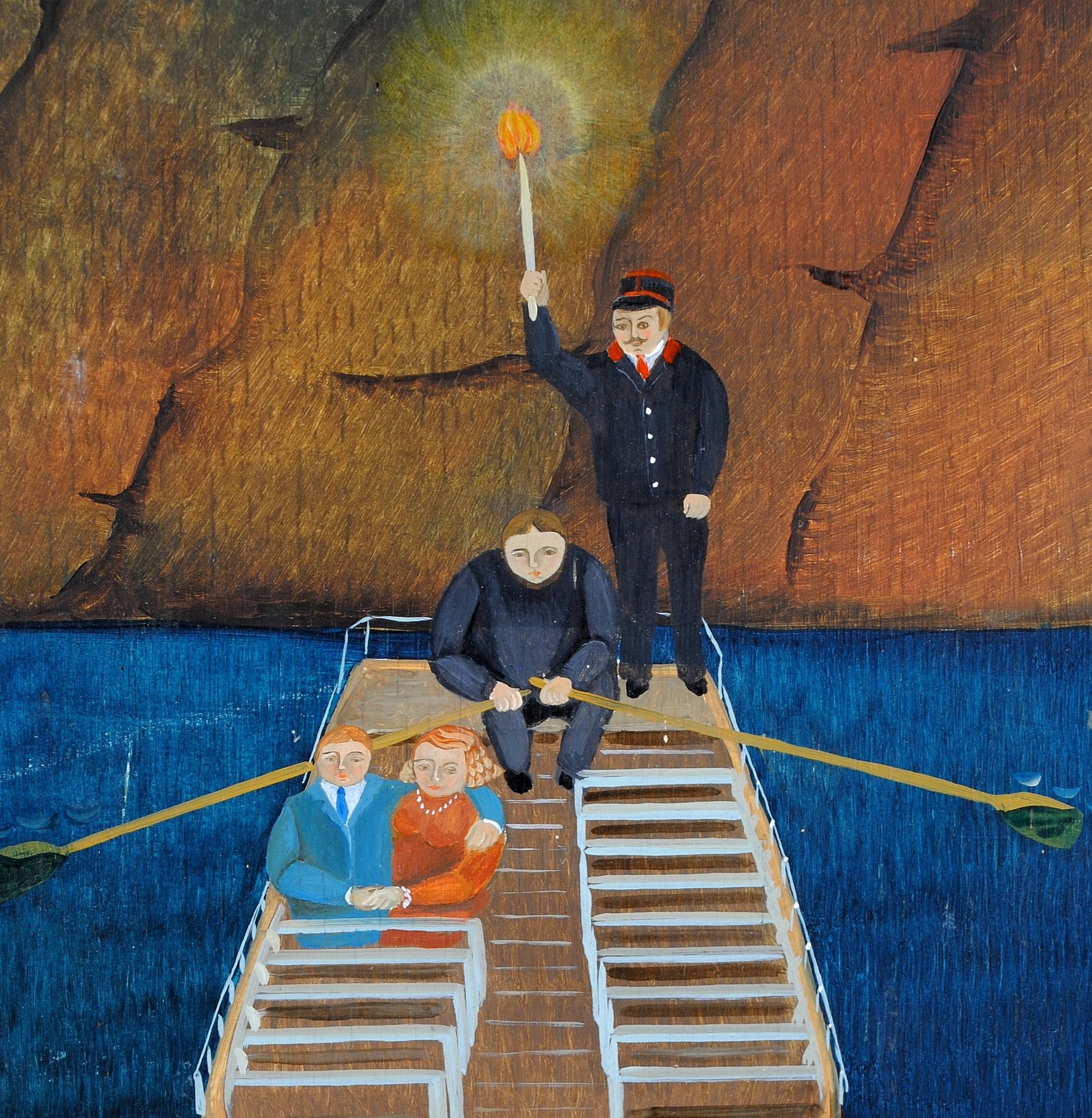 Ein großartiges belgisches Naïf-Meisterwerk, das Figuren auf einer Bootstour durch die Grotten von Han (Grottes de Han) in Südbelgien darstellt.

Die Besucher der antiken Höhlen konnten diese früher über eine kurze Bootsfahrt verlassen, wie sie in