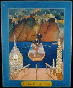 Les Grottes de Han - Naïf Belge Huile sur Panneau Peinture Paysage Grotte
