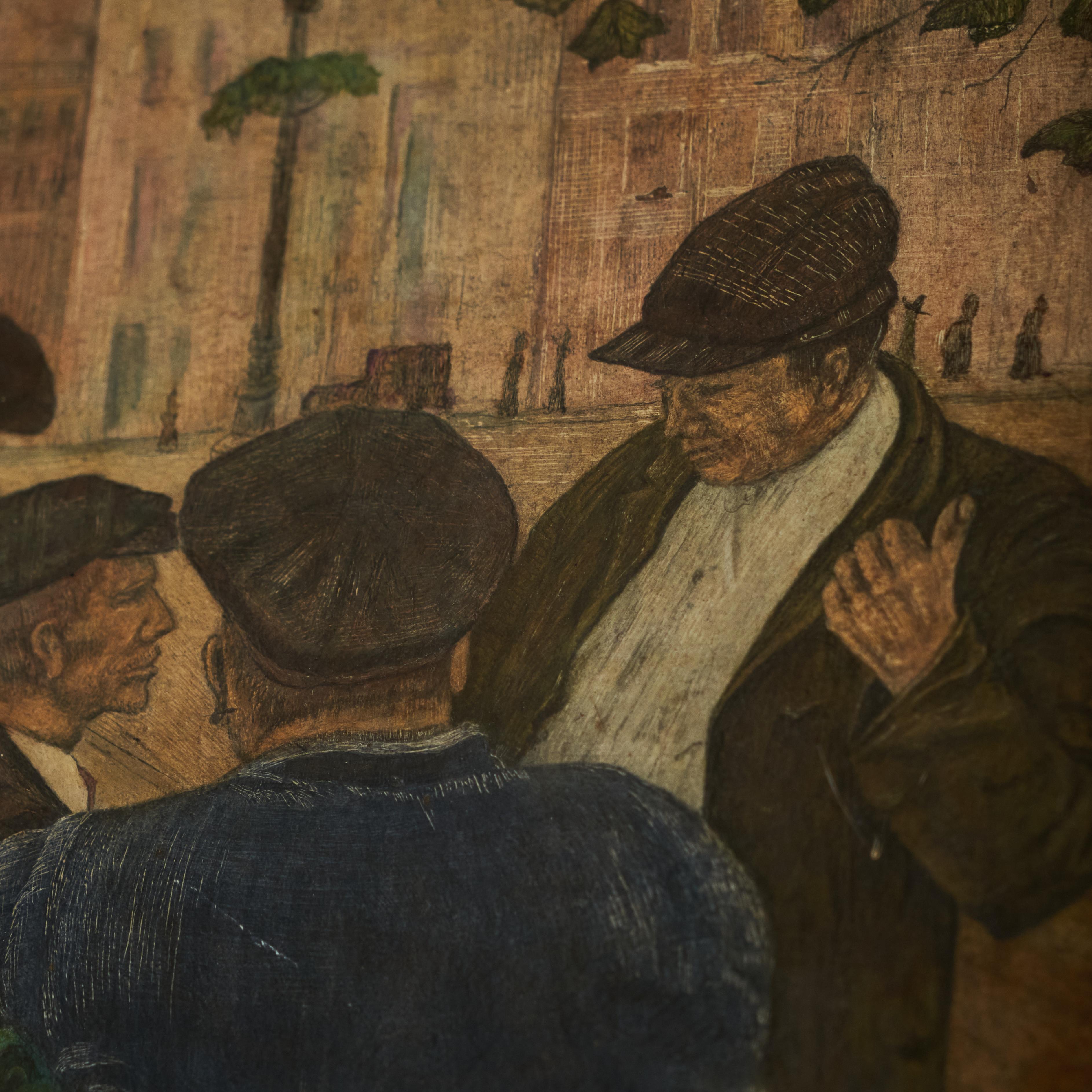 Hand-Painted G. van Rampelberg 'Gewichtige Bespreking' Oil on Panel, Belgium, 1920s For Sale