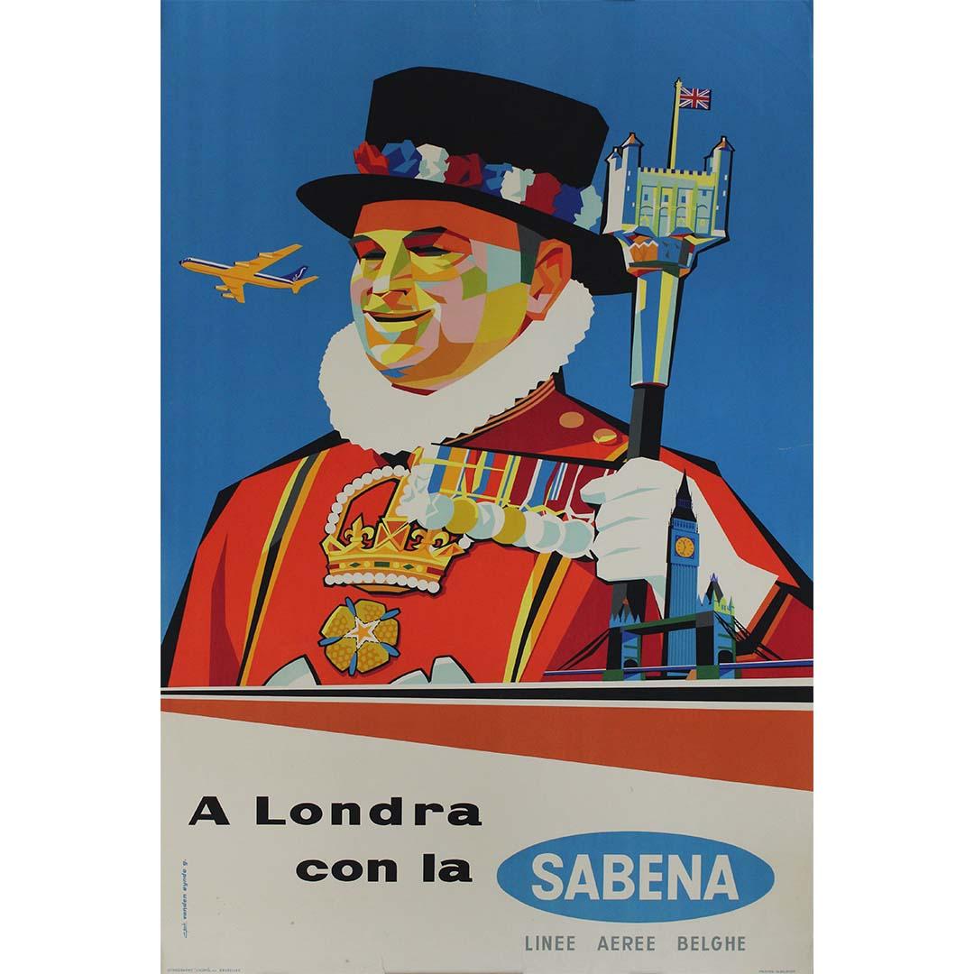 The A Londra con la Sabena travel poster, created by G. Vanden Heynde in 1951, serves as a captivating representation of mid-20th century air travel, promoting London as an enticing destination. This poster was part of Sabena’s marketing efforts to