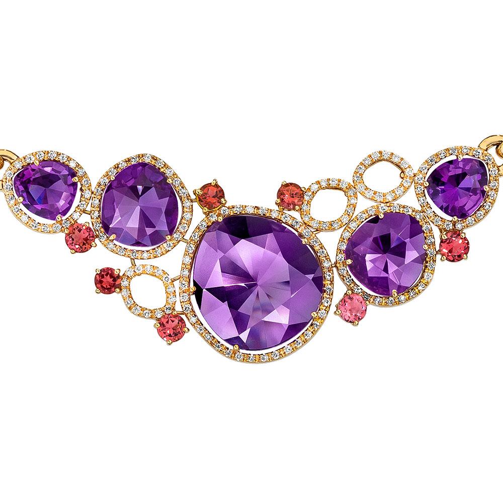 Contemporary Amethyst Diamond Pink Tourmaline Gold Necklace