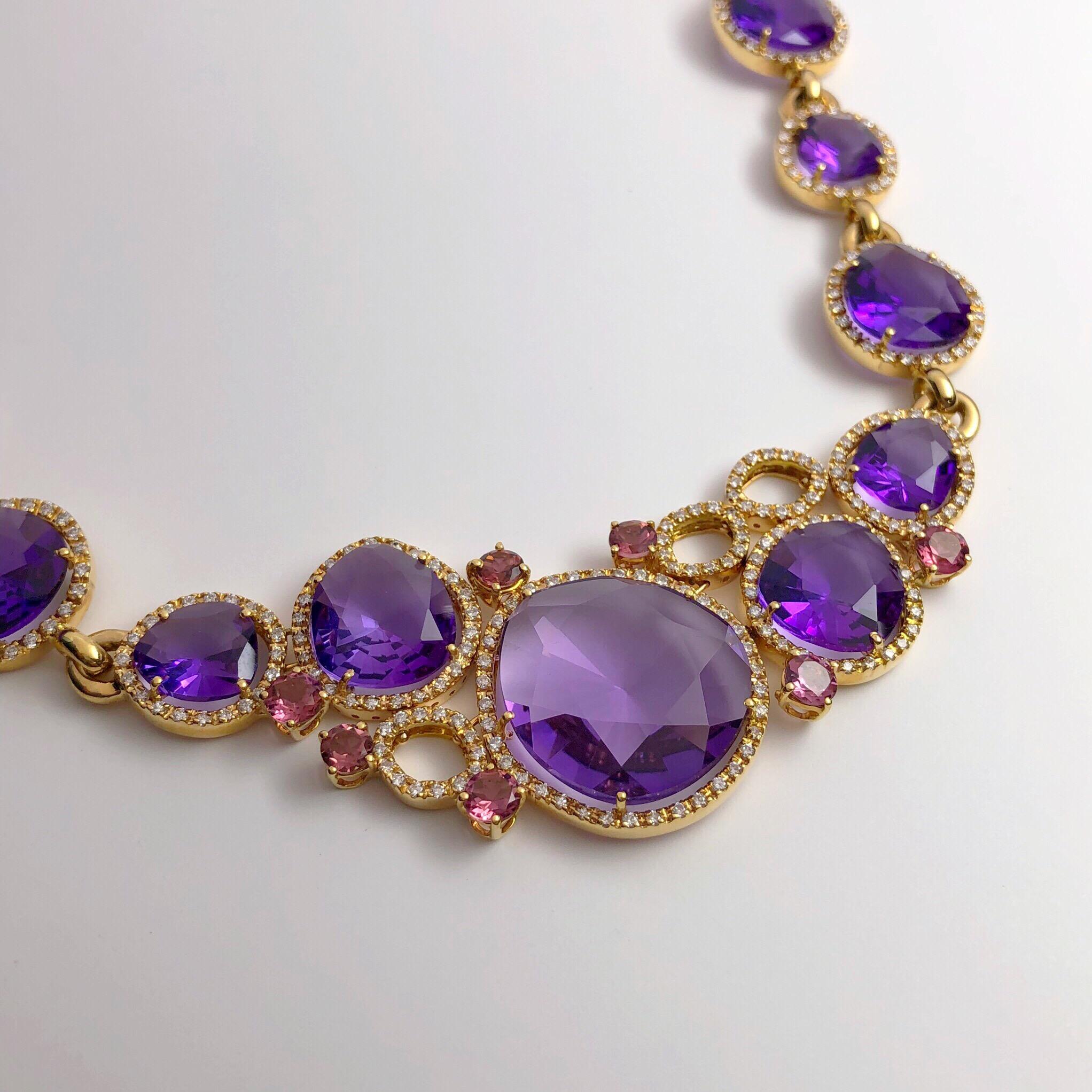 Amethyst Diamond Pink Tourmaline Gold Necklace In New Condition In New York, NY