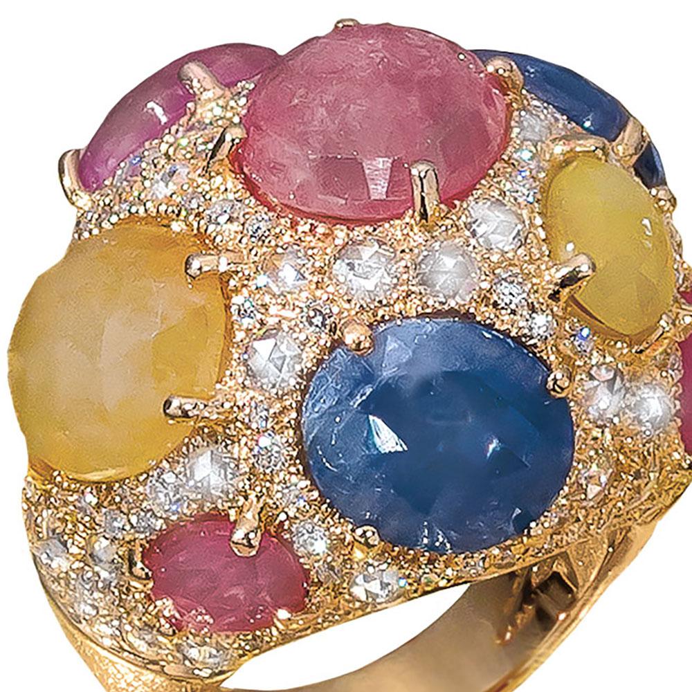 Anello RG G. Verdi 18KT con 25,99 carati di zaffiri multicolore e diamanti in vendita 1