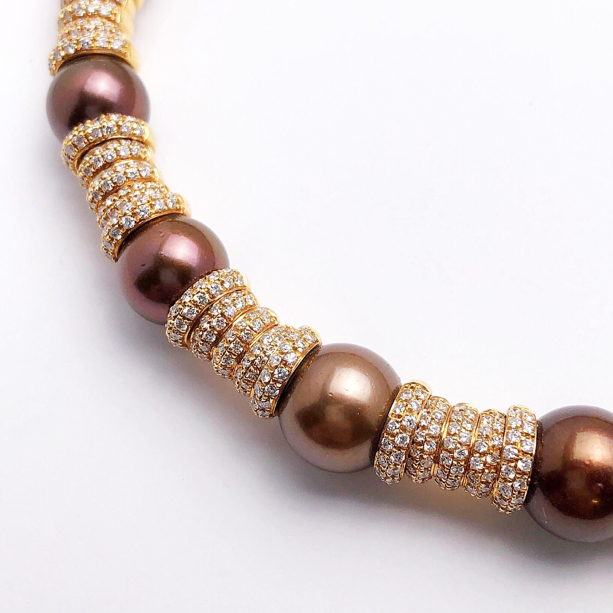 Made in Italy by the famed jeweler G.Verdi, Cellini presents this exquisite collar necklace.  The choker features 19 brown south sea pearls ranging in sizes from 13mm to 10mm. The  pearls are separated by pave diamond rondelle sections,  total