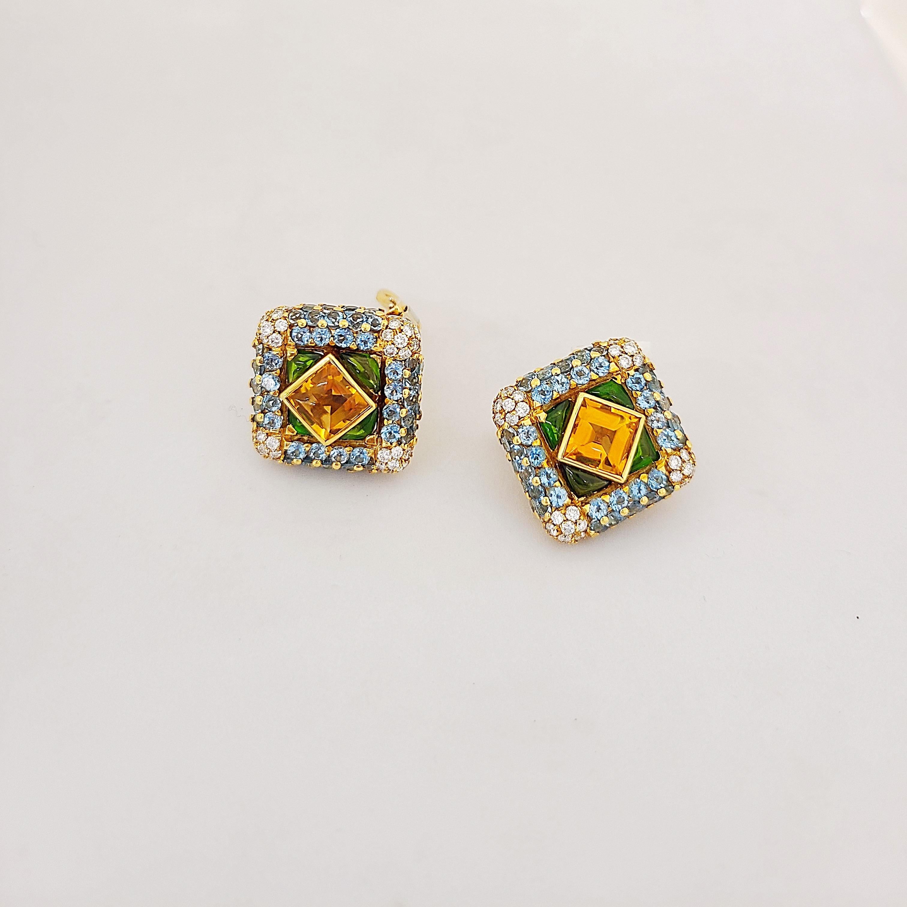 Taille cabochon 18 carats G. Verdi Or jaune 12,32 carats Boucles d'oreilles en diamants semi-précieux et 1,77 carat en vente