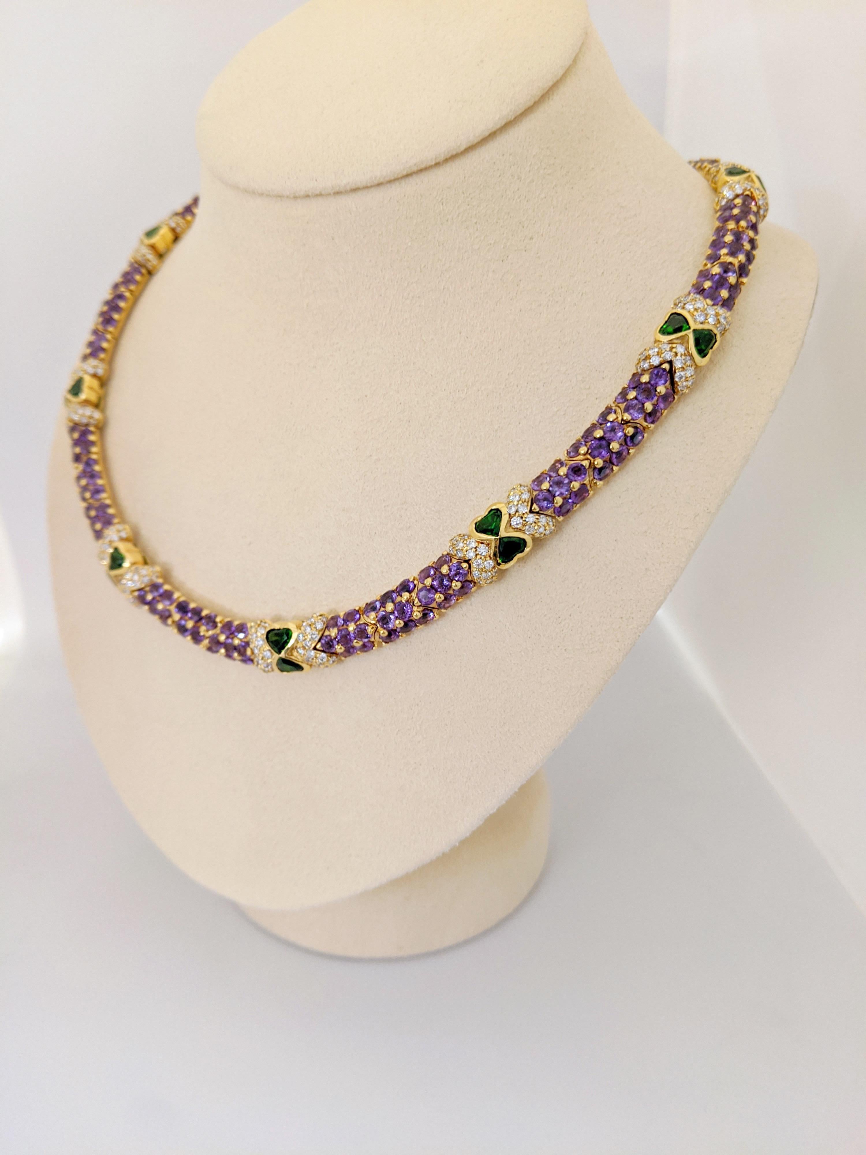 Contemporary G. Verdi 18KT Yellow Gold Necklace with 32.19Ct. Amethyst & Tsavorites, Diamonds For Sale
