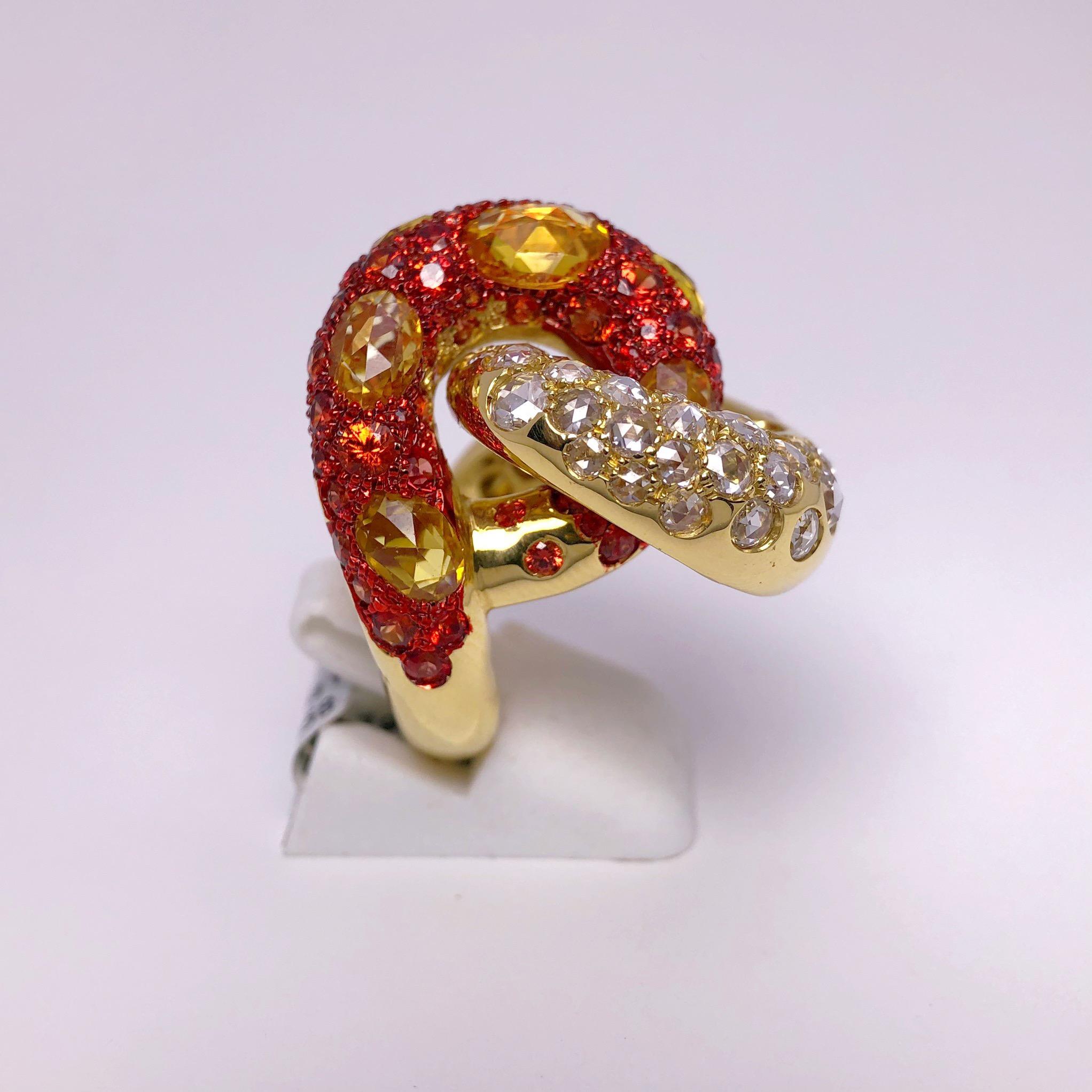 Contemporary G. Verdi 18 Karat Yellow Gold, Diamond, Orange and Yellow Sapphire Cocktail Ring For Sale