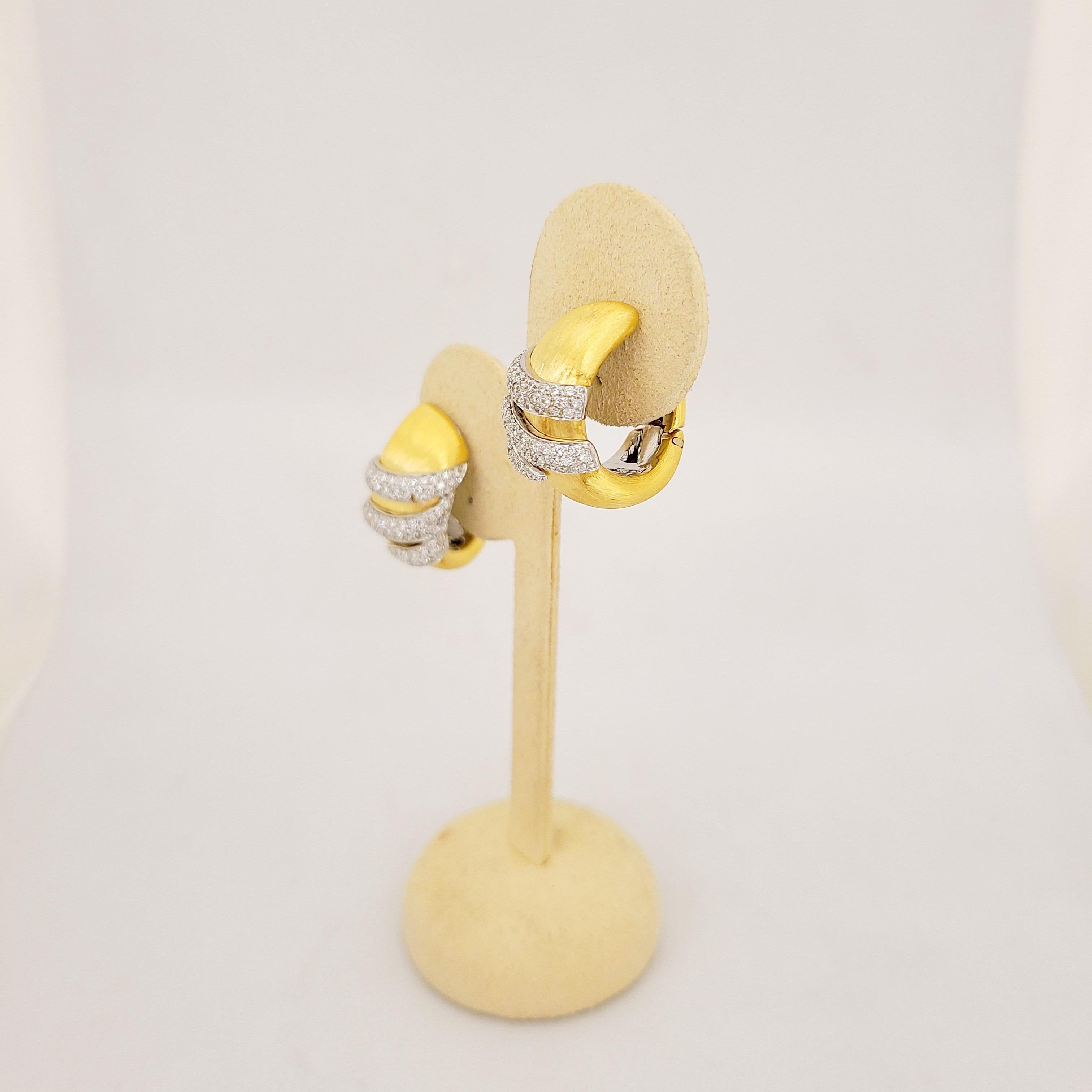Round Cut G. Verdi 18 Karat Yellow Gold, 1.54 Carat Diamond Hoop Earrings For Sale