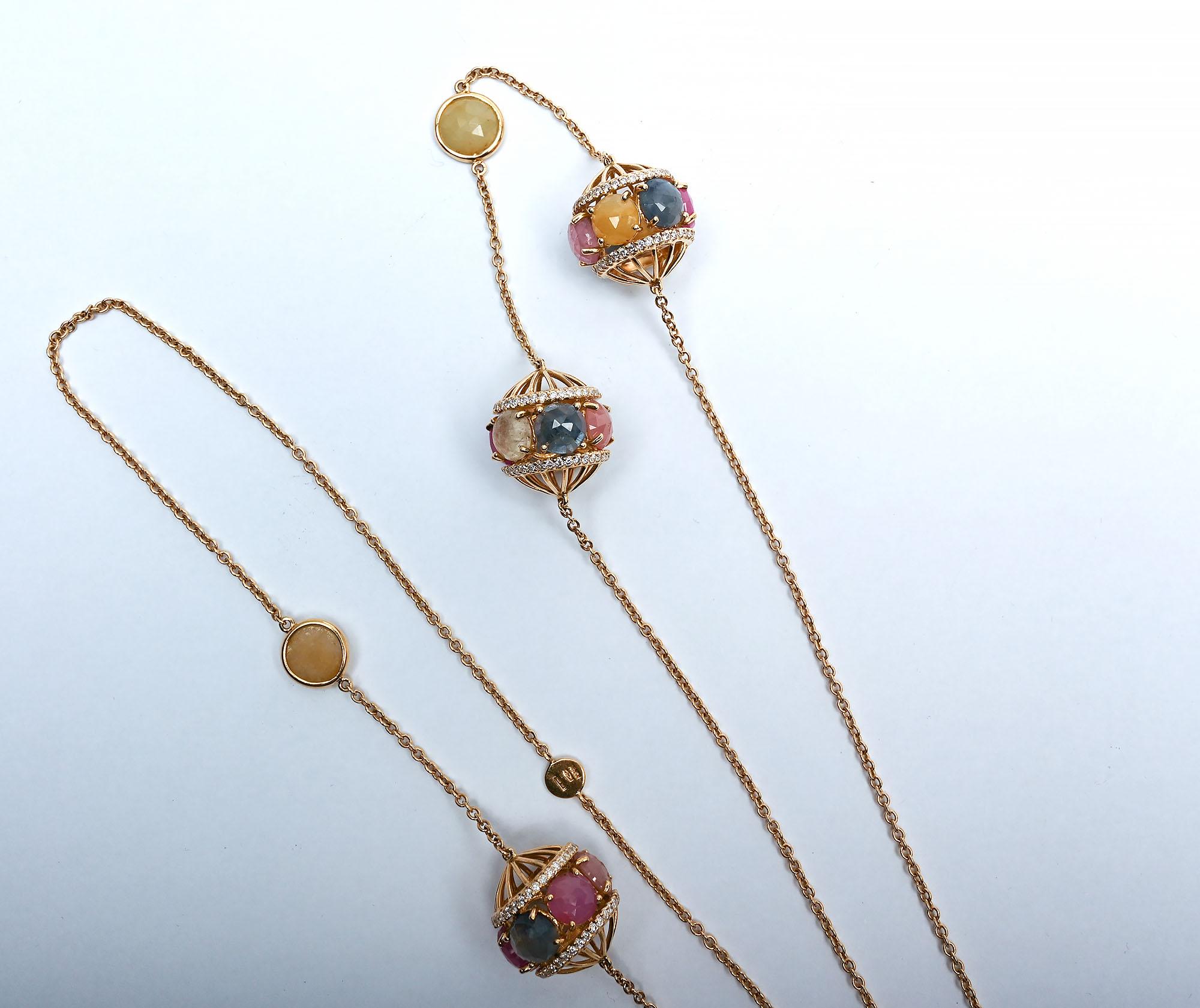 Brilliant Cut G. Verdi Long Gold necklace with Sapphires and Diamonds For Sale