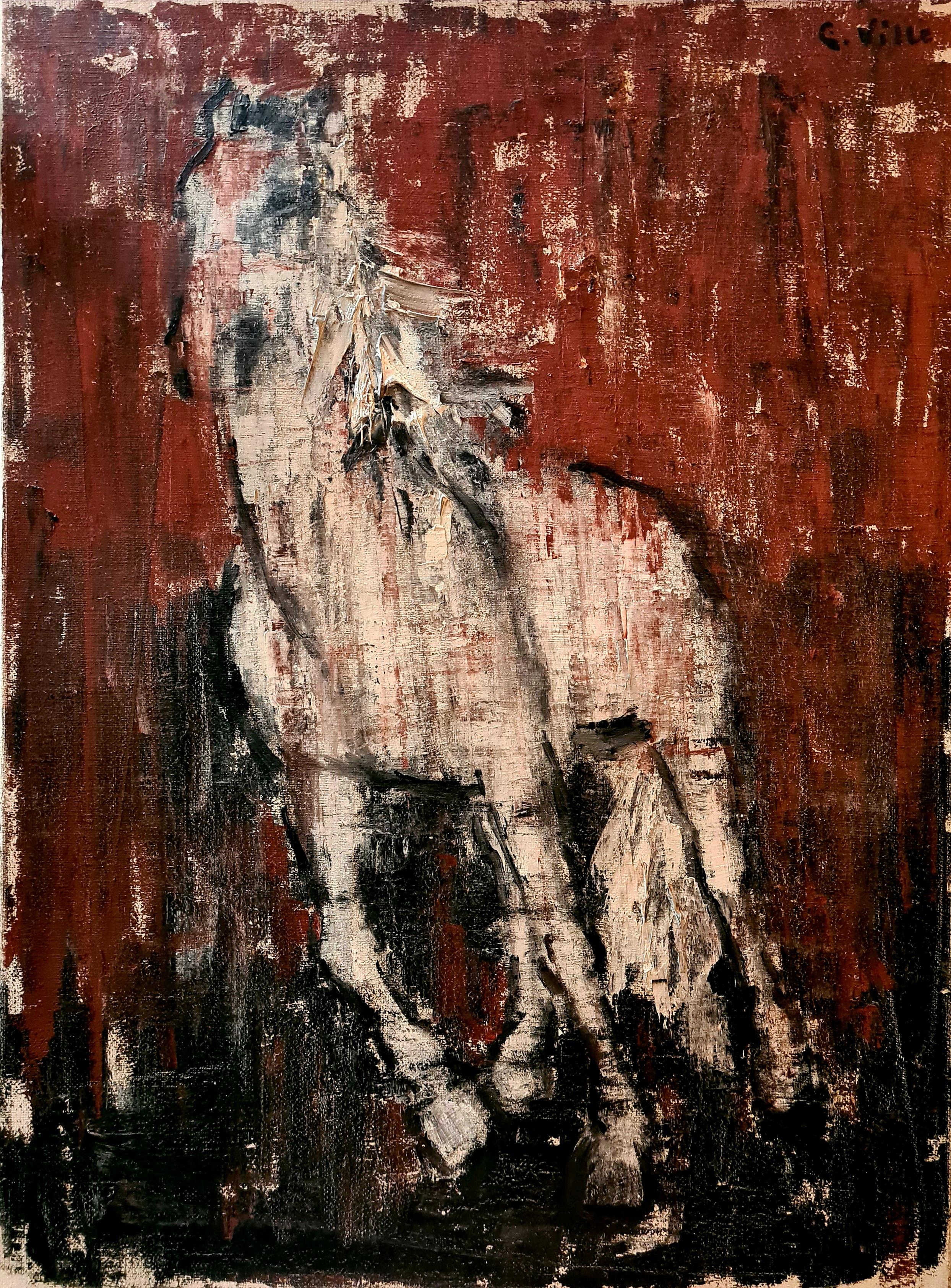 Animal Painting de G Villet - Óleo francés de mediados de siglo sobre lienzo Retrato ecuestre