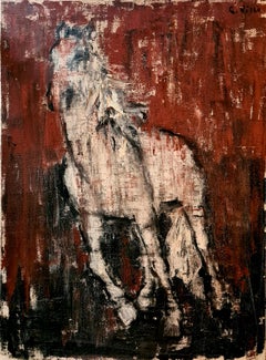 Huile sur toile française du milieu du siècle Portrait équestre