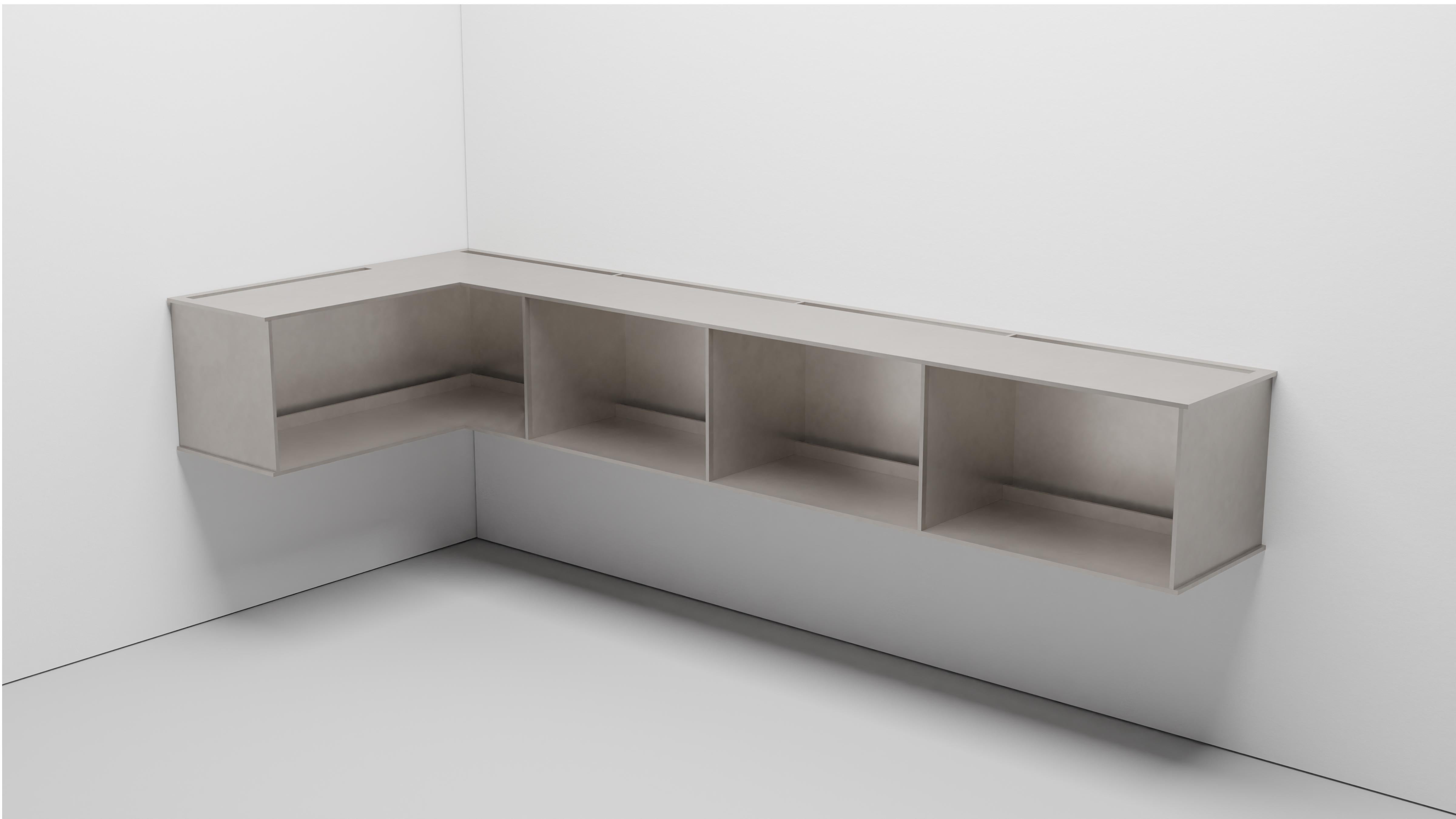 The Minimalist wall-mounted, 95.5 wide, G shelf is sculpted out of 3-8 inch thick, wax-polished aluminum. Each shelf has an inset welded U-channel that spans the length of the shelf and easily mounts on included custom-bent steel Z-clips. The