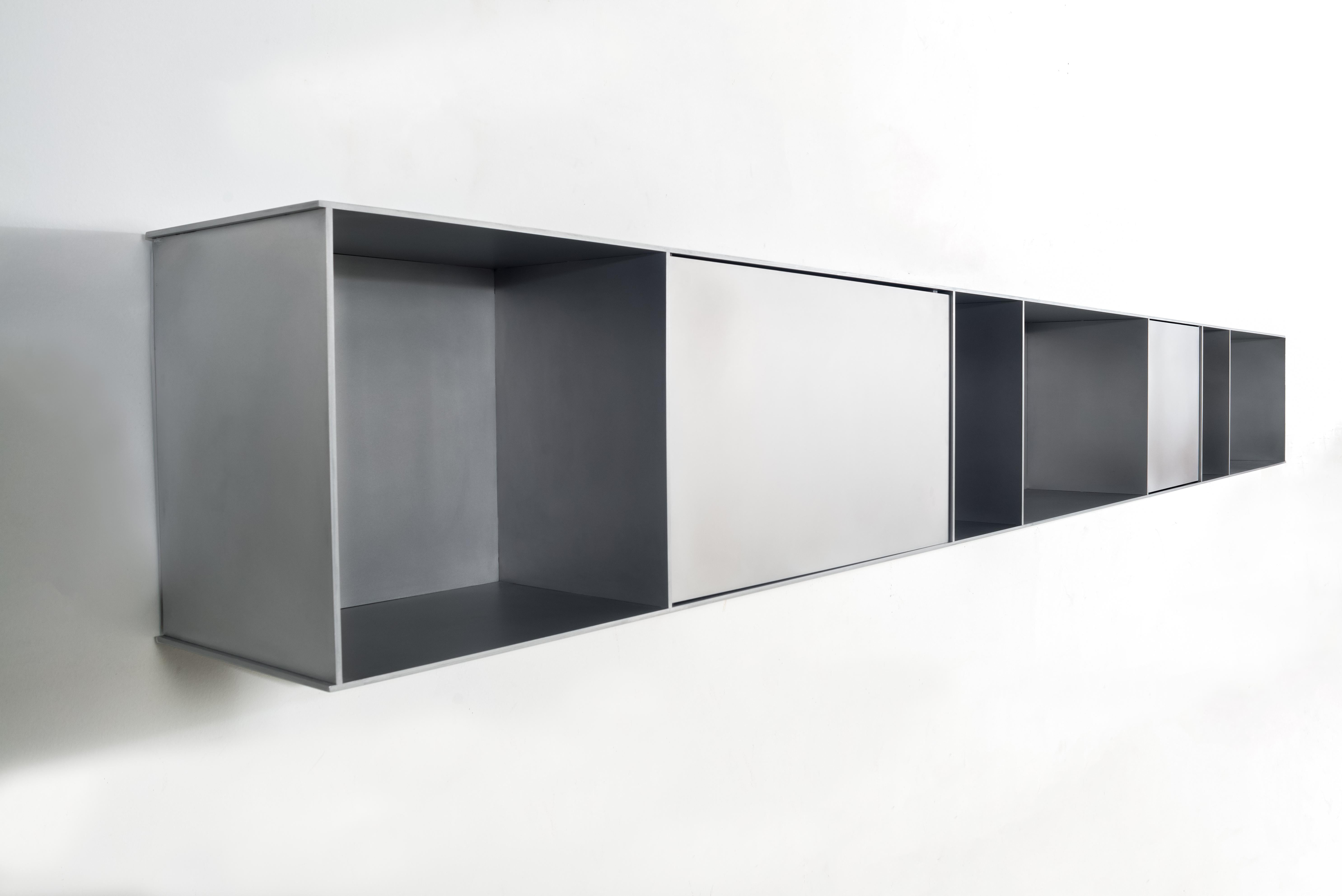 Minimalist G Wall-Mounted Shelf with Doors in Waxed Aluminum Plate by Jonathan Nesci For Sale