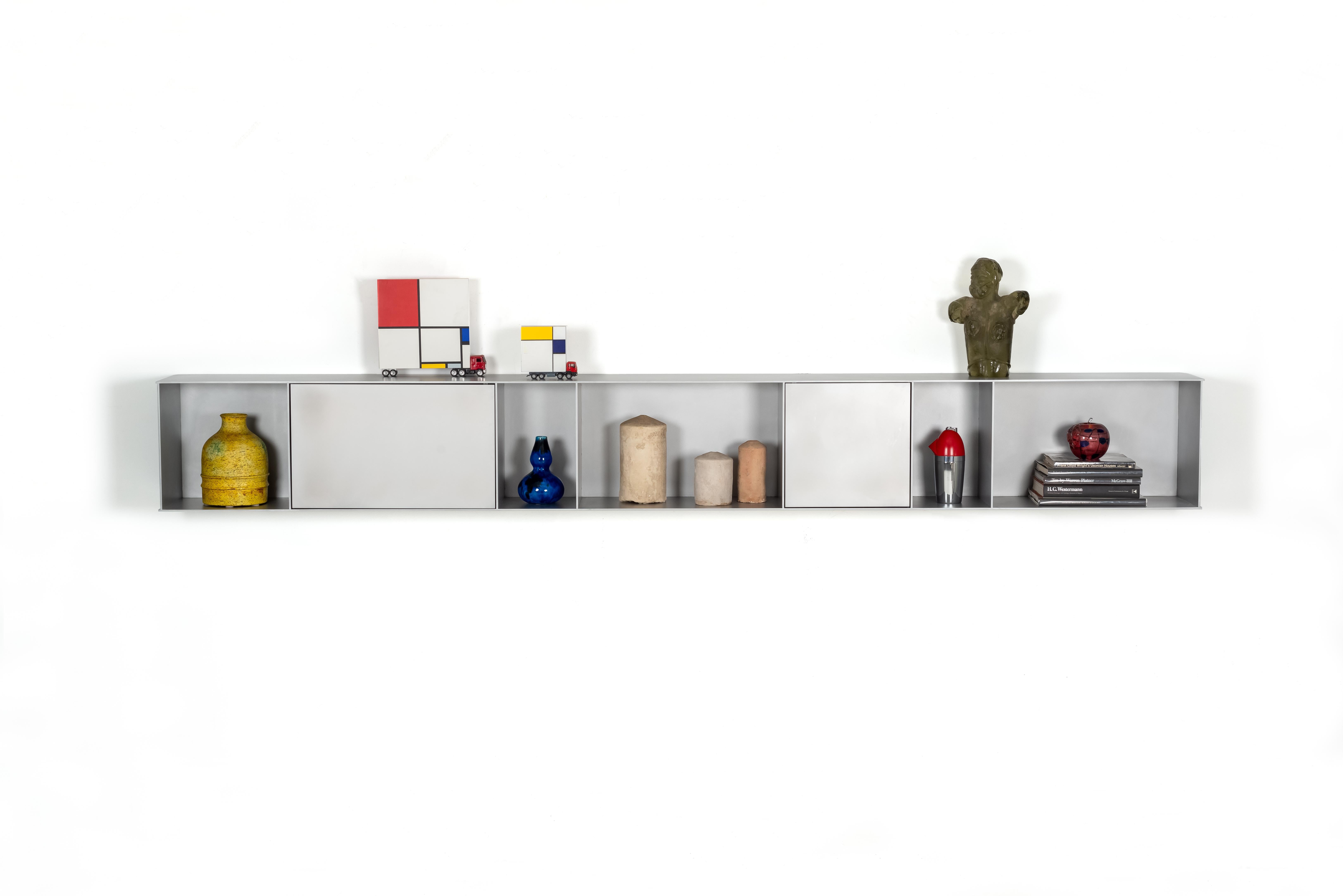 American G Wall-Mounted Shelf with Doors in Waxed Aluminum Plate by Jonathan Nesci For Sale