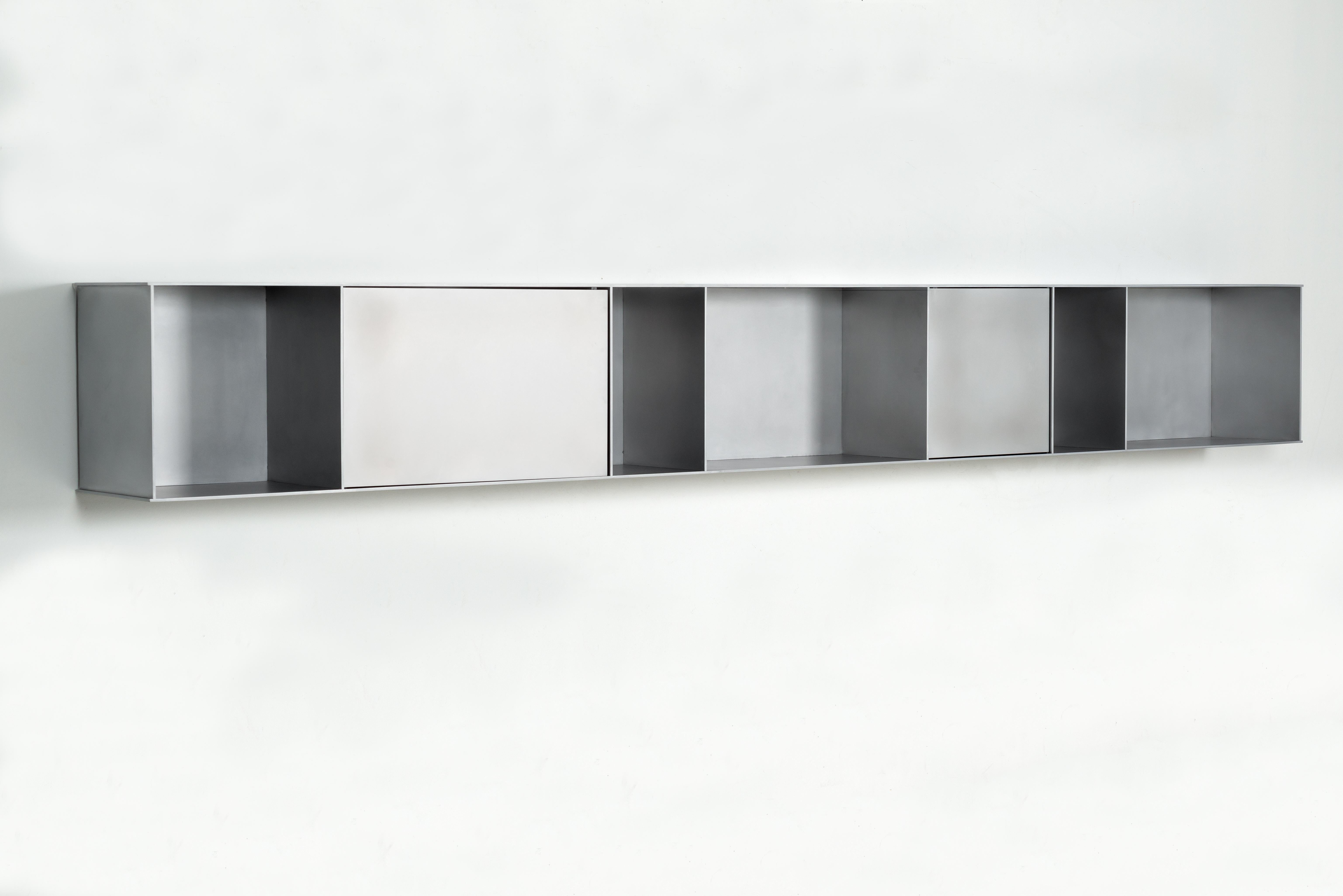 G Wall-Mounted Shelf with Doors in Waxed Aluminum Plate by Jonathan Nesci In New Condition For Sale In Columbus, IN