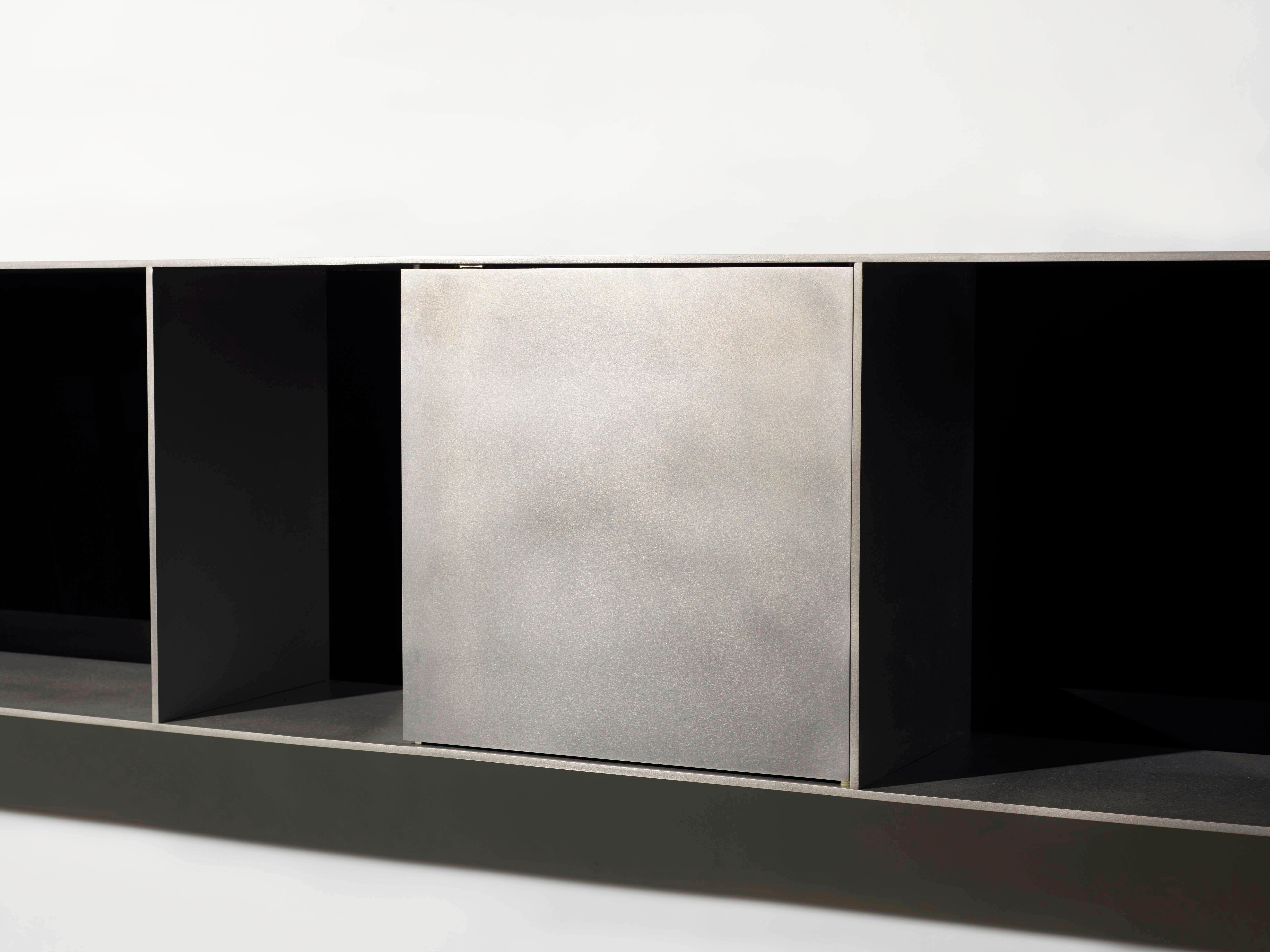Welded G Wall-Mounted Shelf with Doors in Waxed Aluminum Plate by Jonathan Nesci For Sale