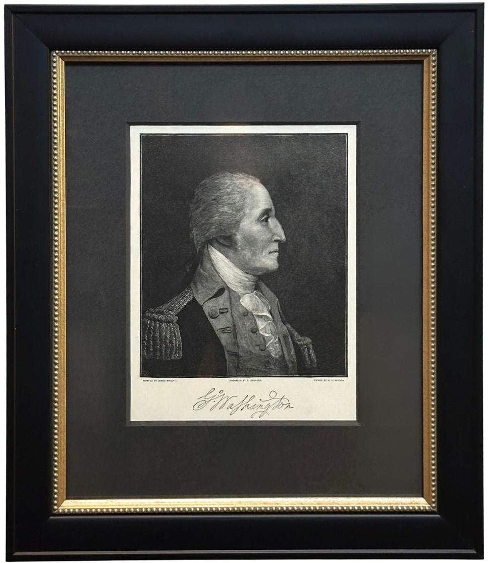 Presented is a handsome profile portrait of George Washington. Washington is depicted in a head and shoulders pose, looking to the right and body also depicted in profile. He wears his military uniform, a dark coat with epaulets, light waistcoat,