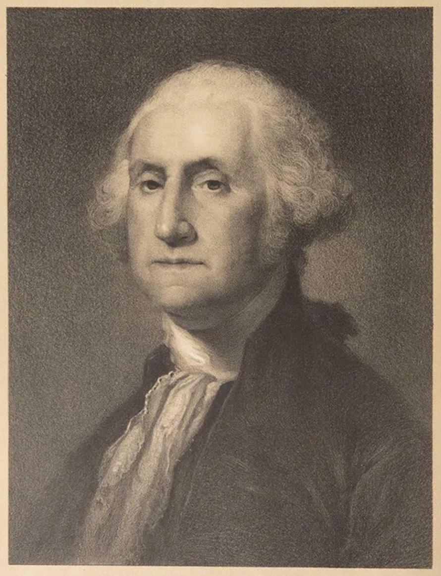 Viene presentato un bel ritratto litografato di George Washington. Questa litografia è basata su un dipinto di Gilbert Stuart, il famoso ritratto del busto 
