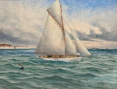 White Sailing Yacht off The White Cliffs Coast 1920s British Signed Oil Painting