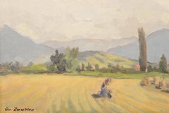 Haymaking in Provence, Impressionist Landscape with Figure and Mountain View