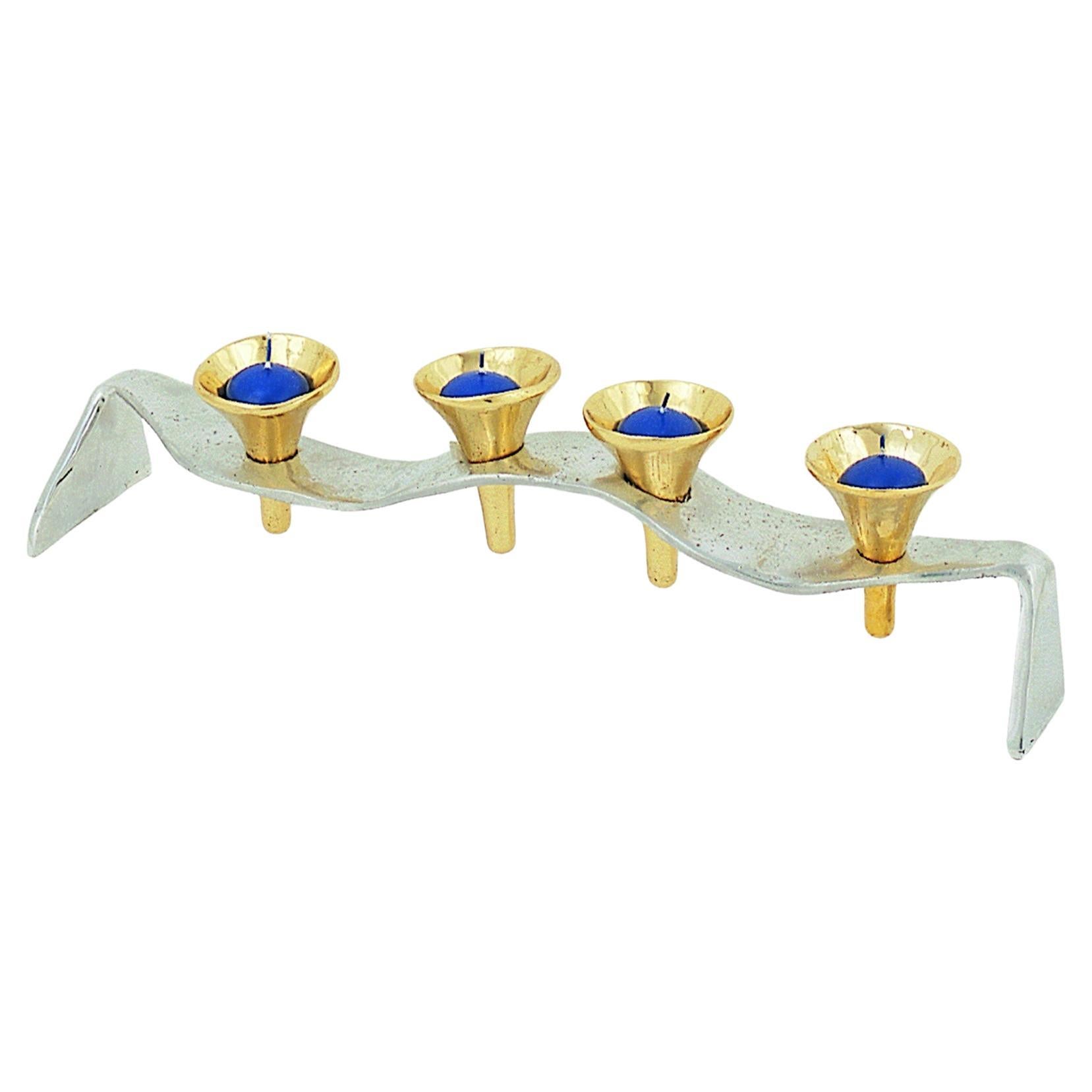 G067 Candelabra Sinuoso, Gold and Silver coloured Brass and Aluminium Handmade For Sale