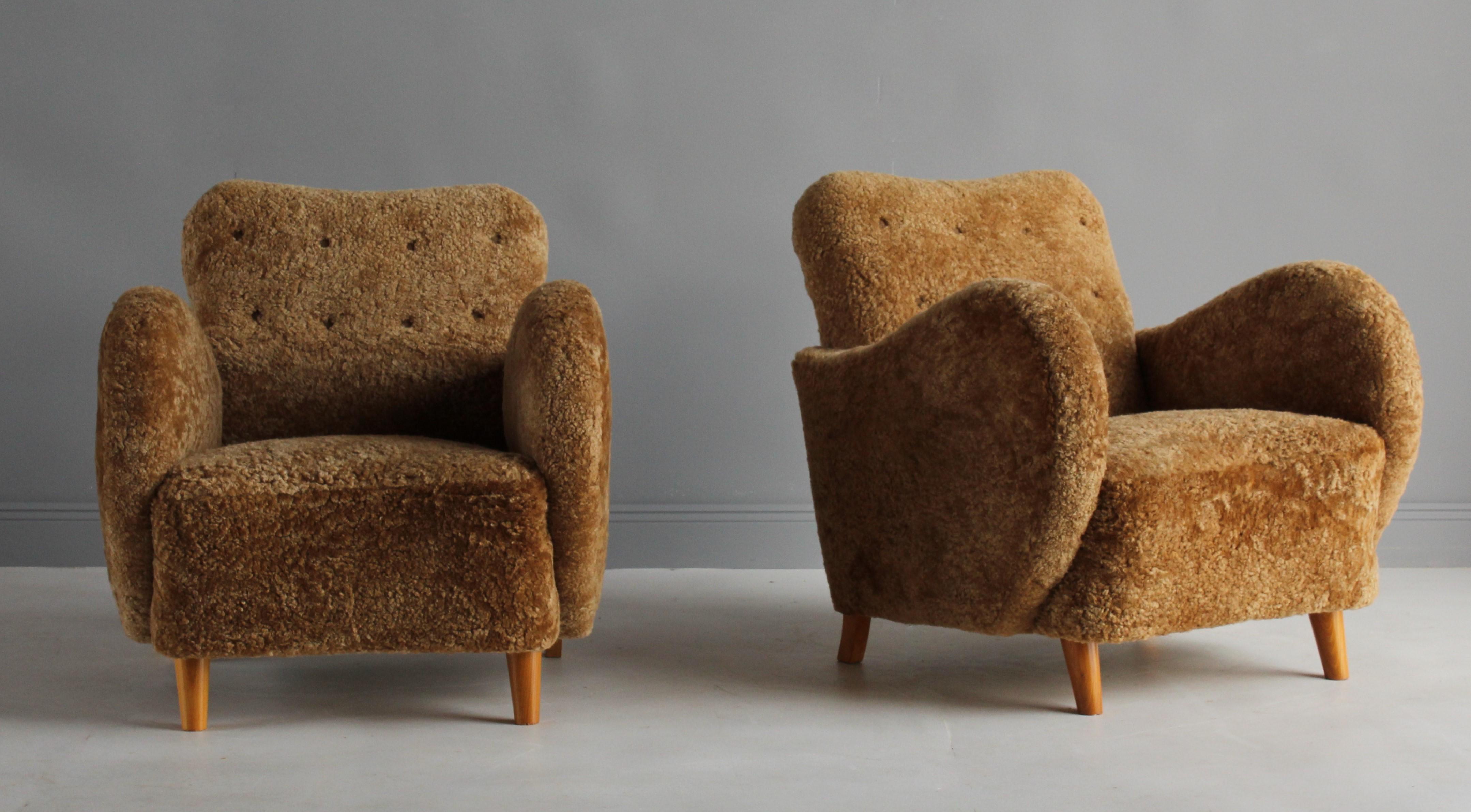 Mid-20th Century G.a. Berg 'Attribution' Pair of Organic Lounge Chairs, Sheepskin, Birch, 1930s