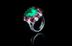 GA Certified 17.26 Carat Emerald, Ruby and Diamond 18K Gold Cocktail Ring