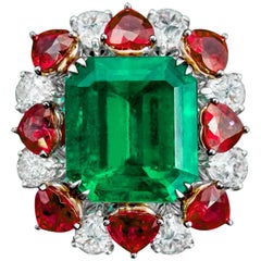 GA Certified 17.26 Carat Emerald, Ruby and Diamond 18K Gold Cocktail Ring