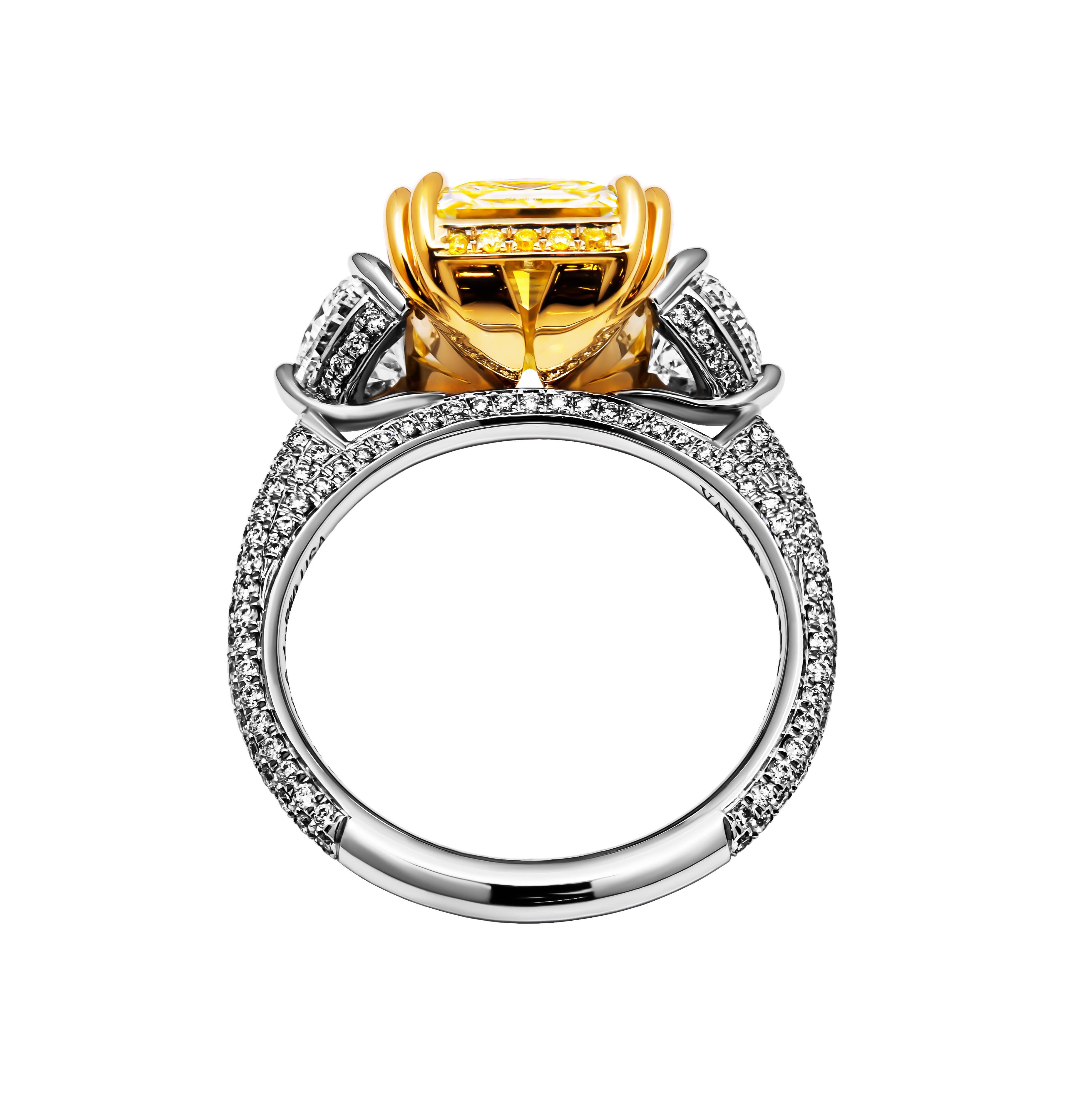 Modern GA Certified 3 stone Ring with 6.03ct Fancy Light Yellow Radiant Cut Diamond For Sale