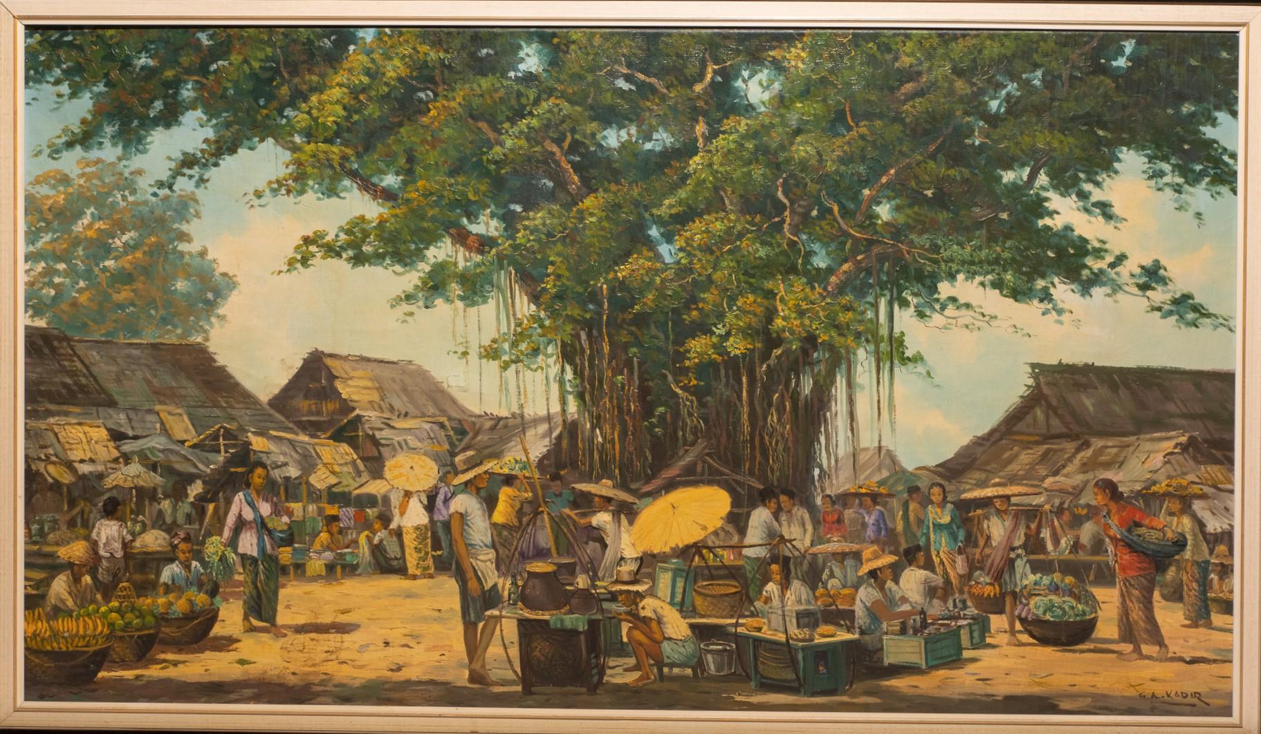 GA Kadir, Indonesische Dorfansicht, Öl auf Leinwand, signiert. Erste Hälfte des 20. Jahrhunderts (Handbemalt) im Angebot