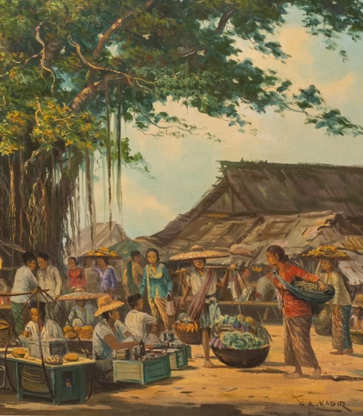Indonésien GA Kadir, vue d'un village indonésien, huile sur toile, signée, première moitié du 20e siècle en vente